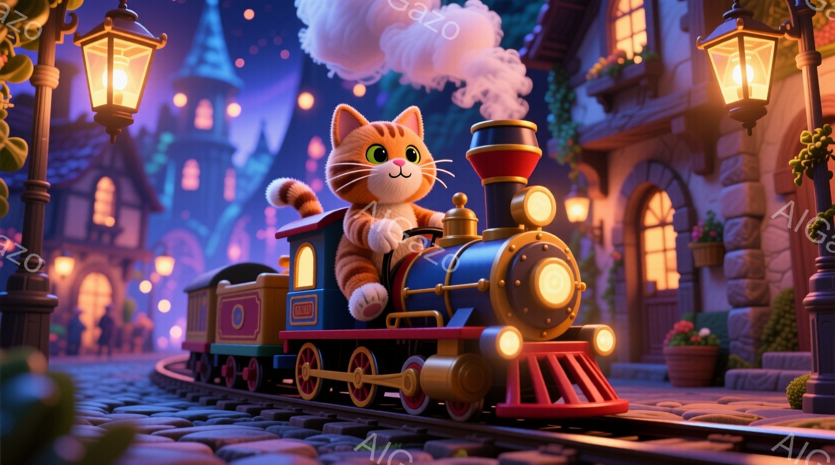 暖炉のようなオレンジ色の縞模様の猫が、青と赤のクラシックな蒸気機関車の運転席に座っています。猫は満面の笑みを浮かべ、運転を楽しんでいる様子で、蒸気機関車はレンガ造りの線路の上を走っており、背景にはカラフルな家々と点在する植物が見えます。全体的に、暖かく幻想的な雰囲気で、子供向けの絵本のような可愛らしい光景です。