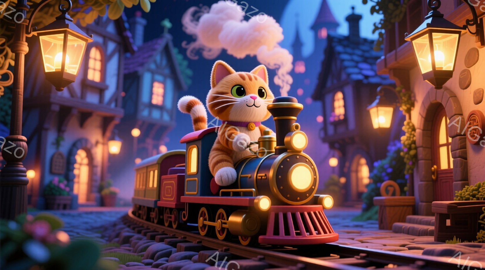 オレンジ色の猫が赤い蒸気機関車の運転席に座り、楽しそうに運転している様子が描かれている。背景には、カラフルな家々が並び、街灯が灯り、花壇にはピンクの花が咲き、夜の穏やかな雰囲気を醸し出している。蒸気機関車からは白い煙が立ち上り、全体的に暖かく、ファンタジーのような世界観が表現されている。