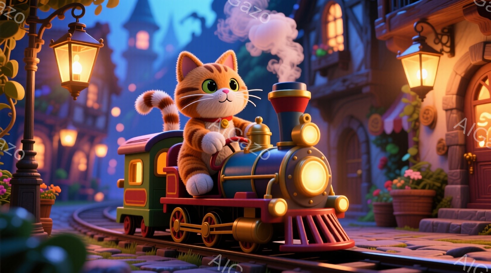 オレンジ色の毛並みの猫が、緑と赤のカラフルな蒸気機関車の運転席に座り、嬉しそうに微笑んでいます。背景には、花で飾られた窓のある可愛らしい建物が並び、夜の空には雲が浮かんでいます。全体的に、温かく、夢のような、愉快な雰囲気が漂っています。