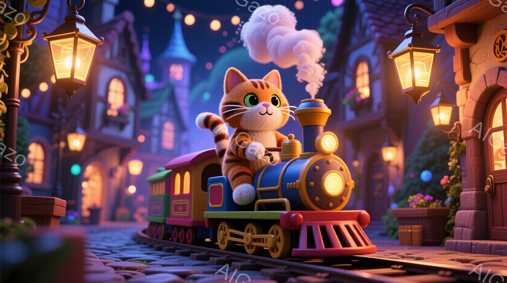 明るい夜の街並みを、猫が運転する蒸気機関車が走っている。猫は、赤い縞模様の服を着て、楽しそうな表情で機関車を運転しており、蒸気は空に向かって立ち上っている。背景には、カラフルな建物や植物が並び、暖かく幻想的な雰囲気を醸し出している。