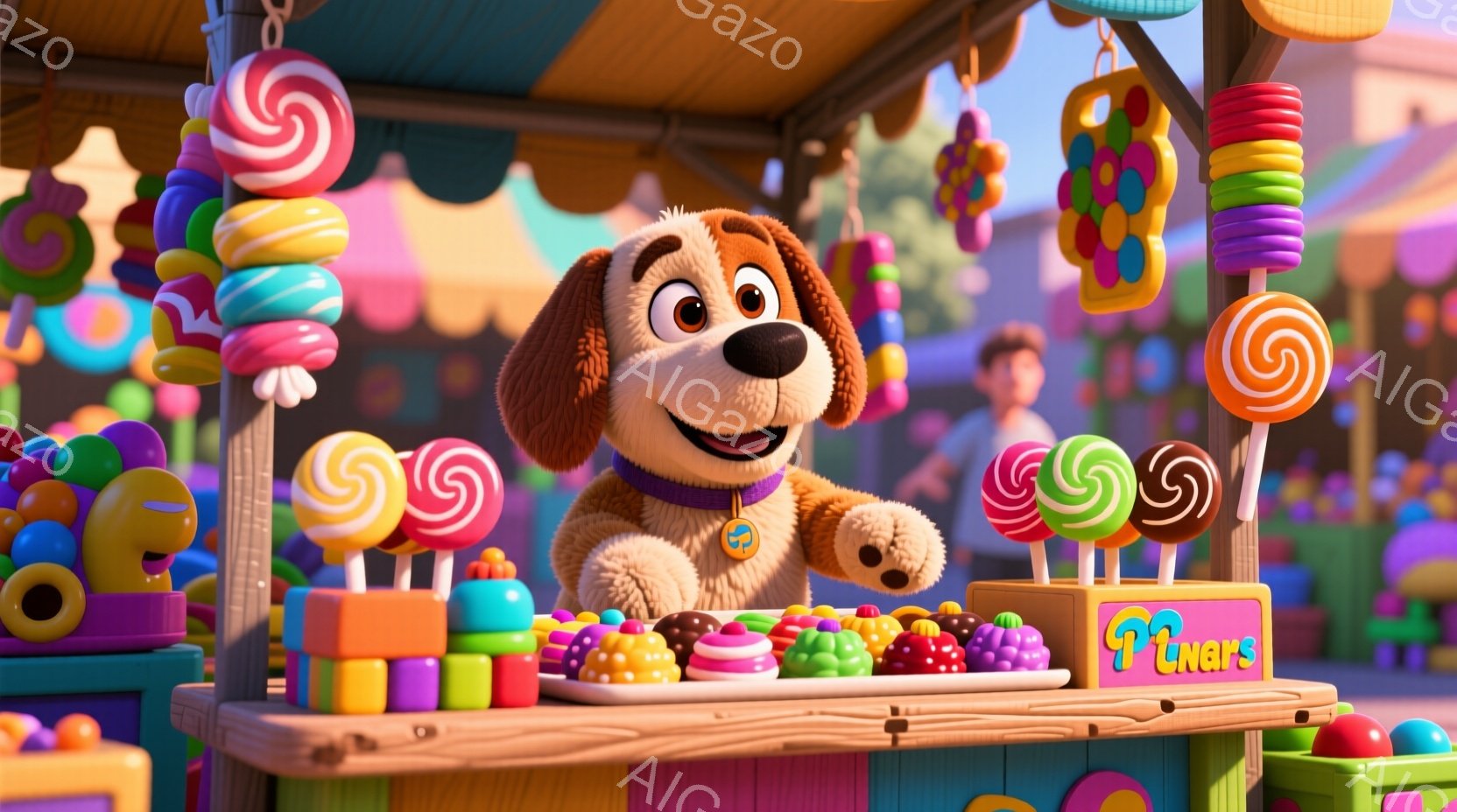 明るいお菓子の屋台の前で、茶色い毛並みの犬が立っている。その犬は紫色の首輪をつけ、嬉しそうな表情でカメラを見ている。背景にはカラフルなキャンディや積み木が並び、活気のあるお祭りや遊園地の雰囲気が漂っている。