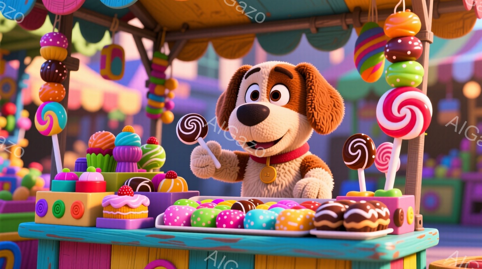 明るい色彩のキャンディ屋台で、茶色と白の毛並みを持つ犬が立っています。犬はピンク色の首輪とタグをつけており、嬉しそうな表情でキャンディを両手に持っています。背景には、カラフルなキャンディが積み上げられ - AI生成フリー素材