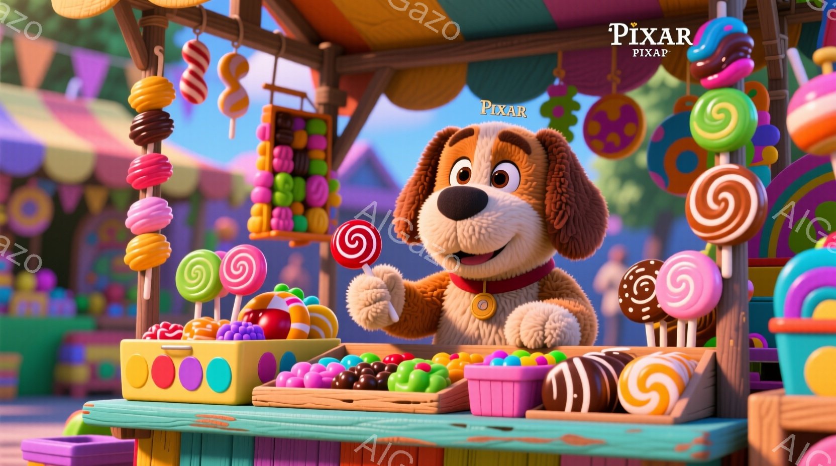 キャンディーでいっぱいの屋台の前に立つ茶色の犬を描いています。犬は赤いバンダナを首に巻いており、嬉しそうな笑顔でカメラを見つめています。背景には、カラフルなキャンディーが積み上げられ、楽しいお祭りや遊園地の雰囲気が漂っています。