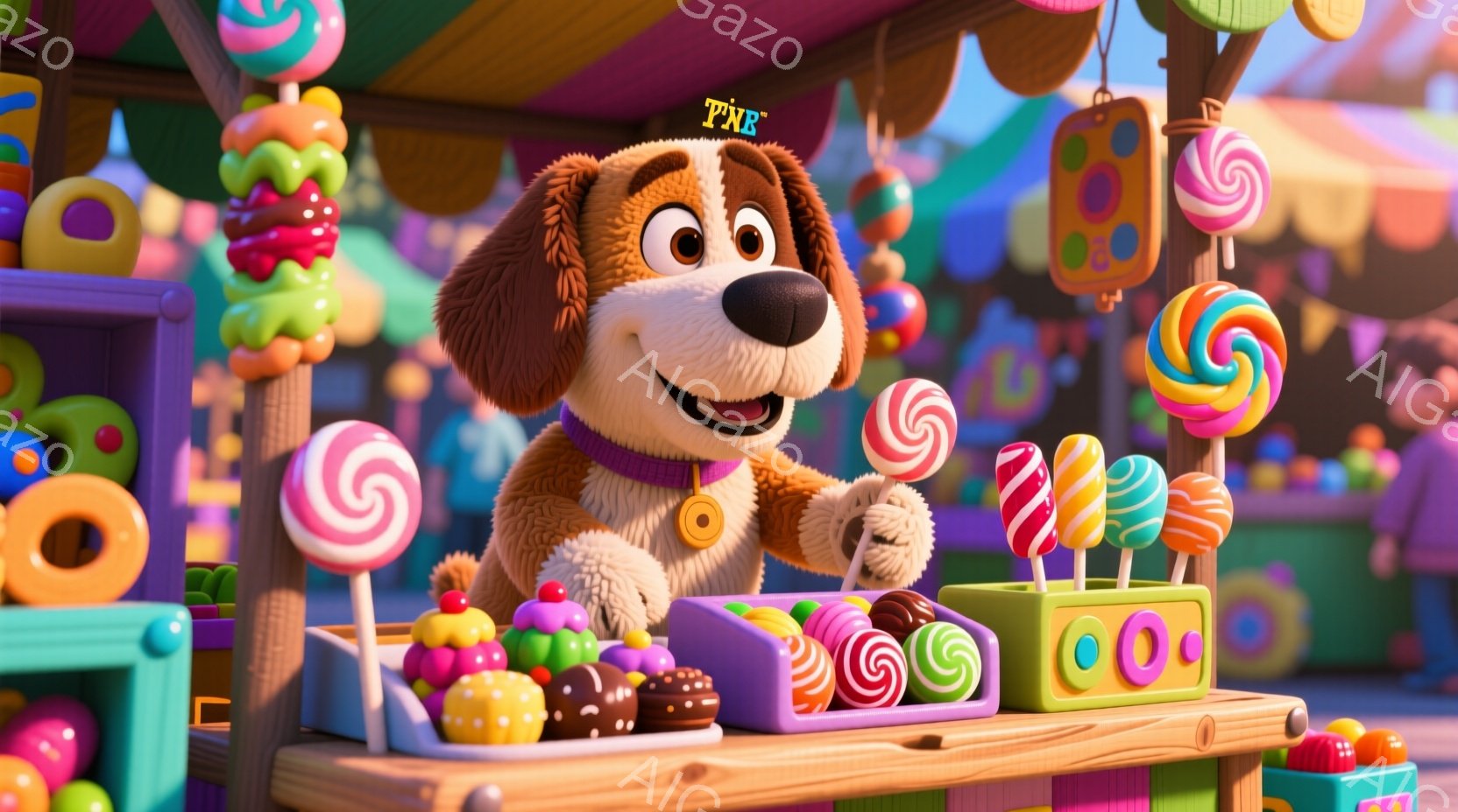 明るい色彩のキャンディが並ぶ屋台の前に、茶色い毛並みの犬が立っている。犬は赤いバンダナを首に巻き、楽しげな表情で前を見つめている。背景には、カラフルなキャンディや装飾が並び、お祭りや遊園地のような賑やかな雰囲気が漂っている。