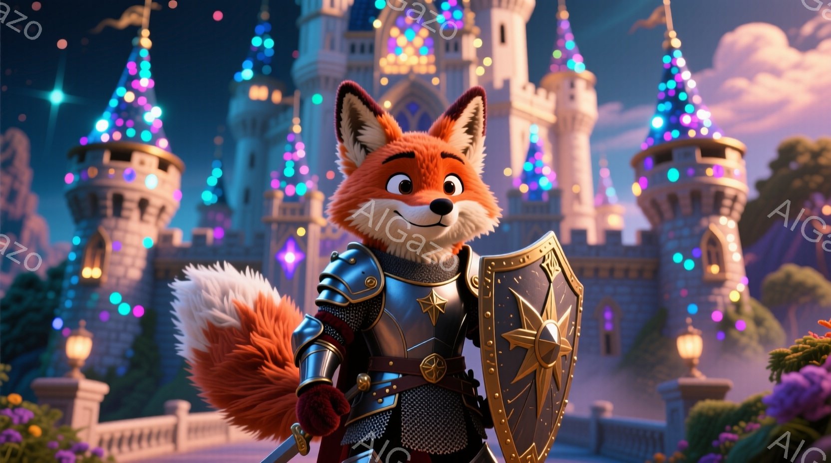 キツネの騎士が、輝く甲冑と盾を身につけ、自信に満ちた表情で立っている。背景には、色とりどりのライトで飾られたお城が聳え立ち、夜空には雲が浮かんでいる。全体的にファンタジーで華やかな雰囲気であり、冒険物語の始まりを予感させる。