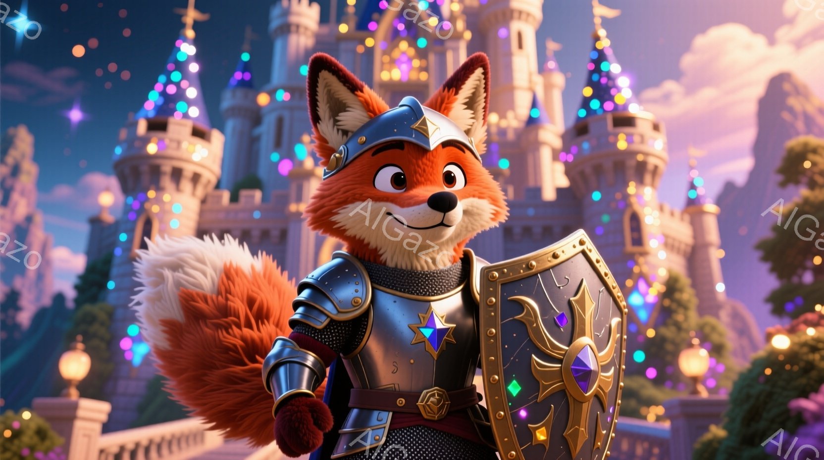 鮮やかなオレンジ色の狐が、中世風の騎士の鎧を身に着けて立っている。自信に満ちた表情で、片手を腰に当て、もう片手に宝石が散りばめられた盾を持っている。背景には、色とりどりの光で飾られたお城と、霞がかった山々が広がり、ファンタジーのような雰囲気を作り出している。