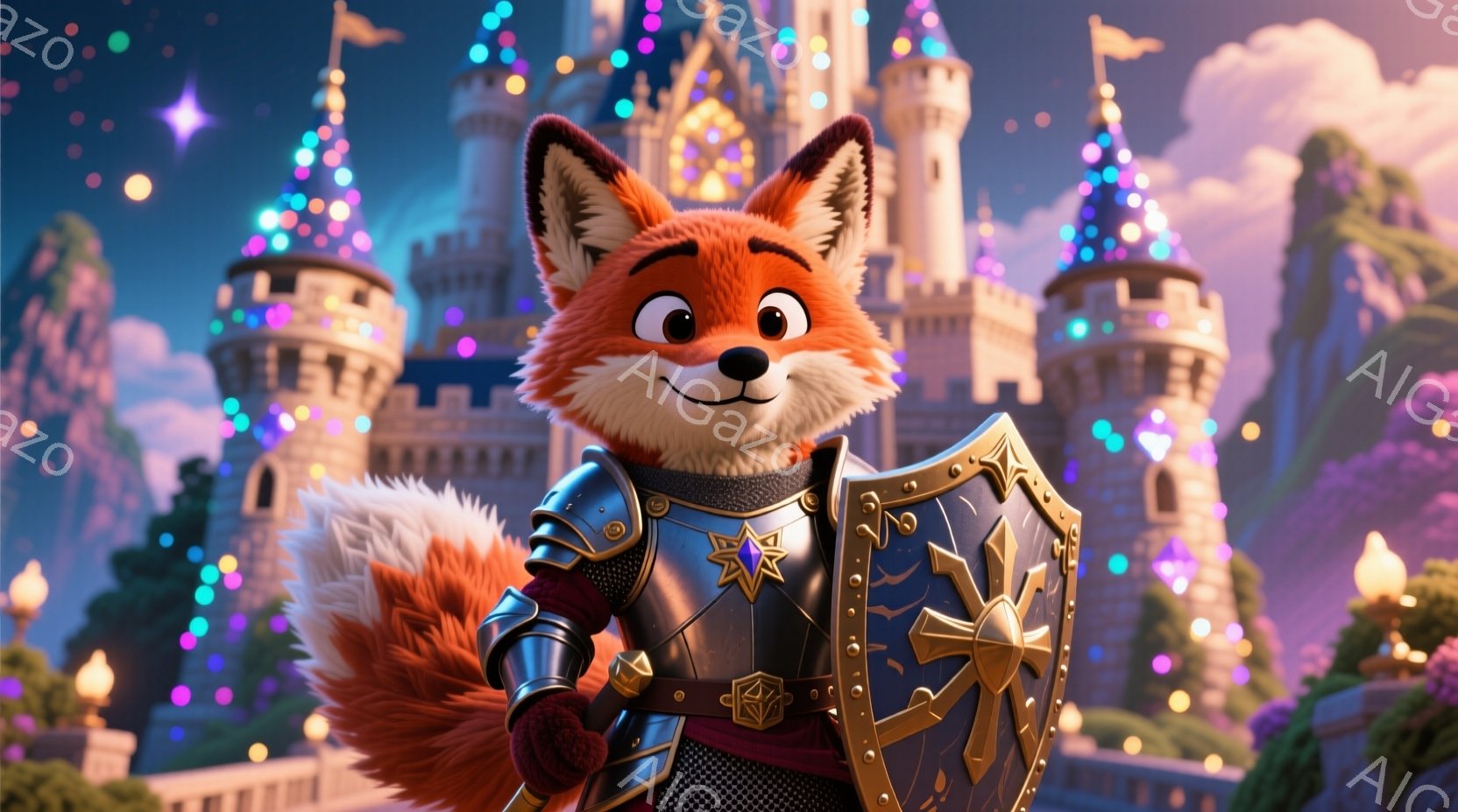 キツネのキャラクターが、中世風の鎧を身につけ、盾を持って立っています。背景には、きらびやかな光で飾られたお城と、緑豊かな丘陵地帯が広がっており、ファンタジーのような雰囲気です。キャラクターは自信に満ちた表情で、冒険心や勇気を掻き立てるような印象を与えます。