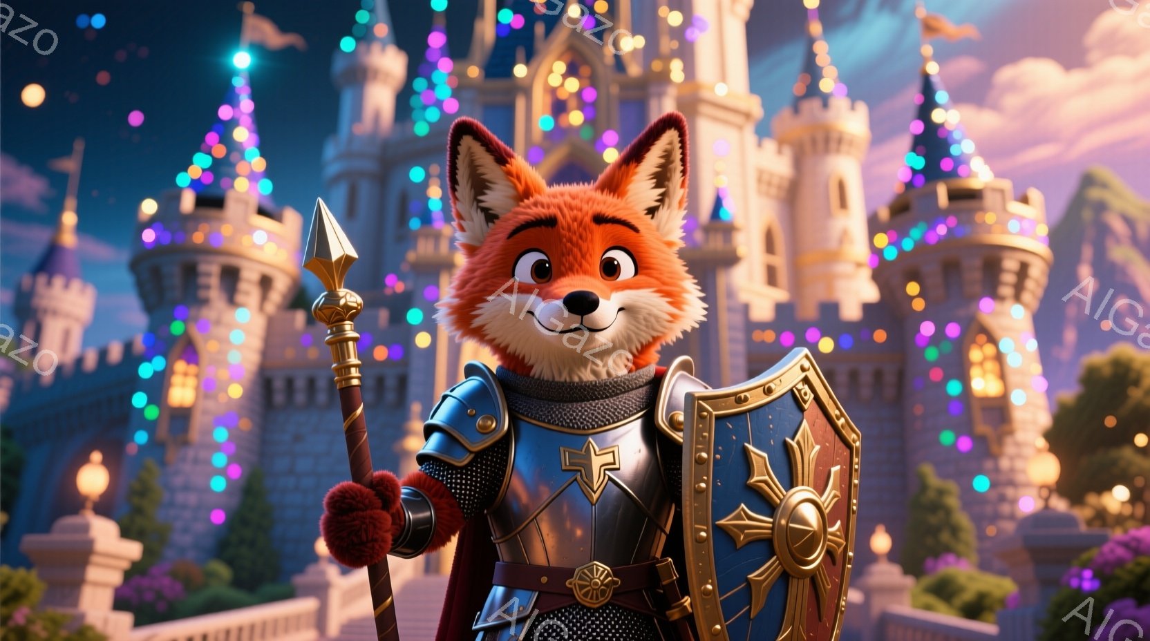 明るいオレンジ色の狐が、中世風の騎士の鎧を身につけ、片手に槍、もう片手に盾を持って立っている。背景には、色とりどりの光で飾られたお城がそびえ立ち、ファンタジーのような華やかな雰囲気を作り出している。狐は自信に満ちた表情で、少し誇らしげなポーズをとっている。