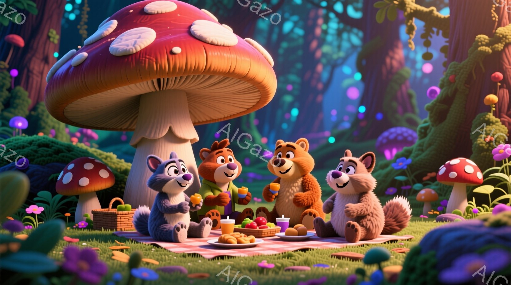 かわいいクマとオオカミのキャラクターが、赤いチェック柄のピクニックシートに座ってピクニックを楽しんでいます。クマたちはオレンジ色のベストを着ており、オオカミは灰色の毛並みで、皆笑顔で軽食を手に持っています。背景にはカラフルなキノコや緑豊かな植物が生い茂り、幻想的な森の雰囲気を醸し出しています。