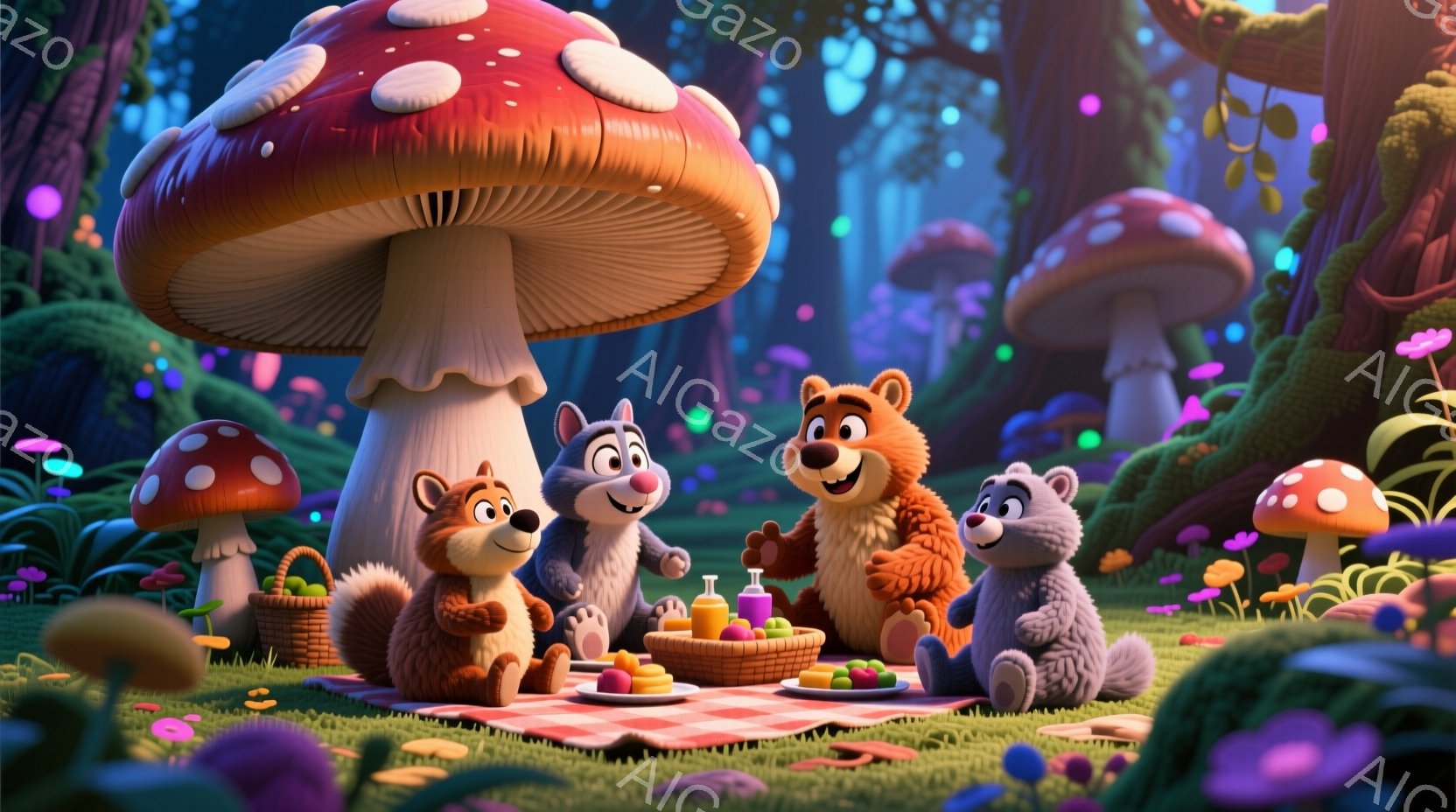 明るい森の中で、リス、オオカミ、クマの家族がピクニックを楽しんでいます。彼らは赤いチェックの敷物の上に座り、バスケットに入った果物や飲み物を囲んで笑顔を見せています。背景には、色とりどりのキノコや緑豊 - AI生成フリー素材