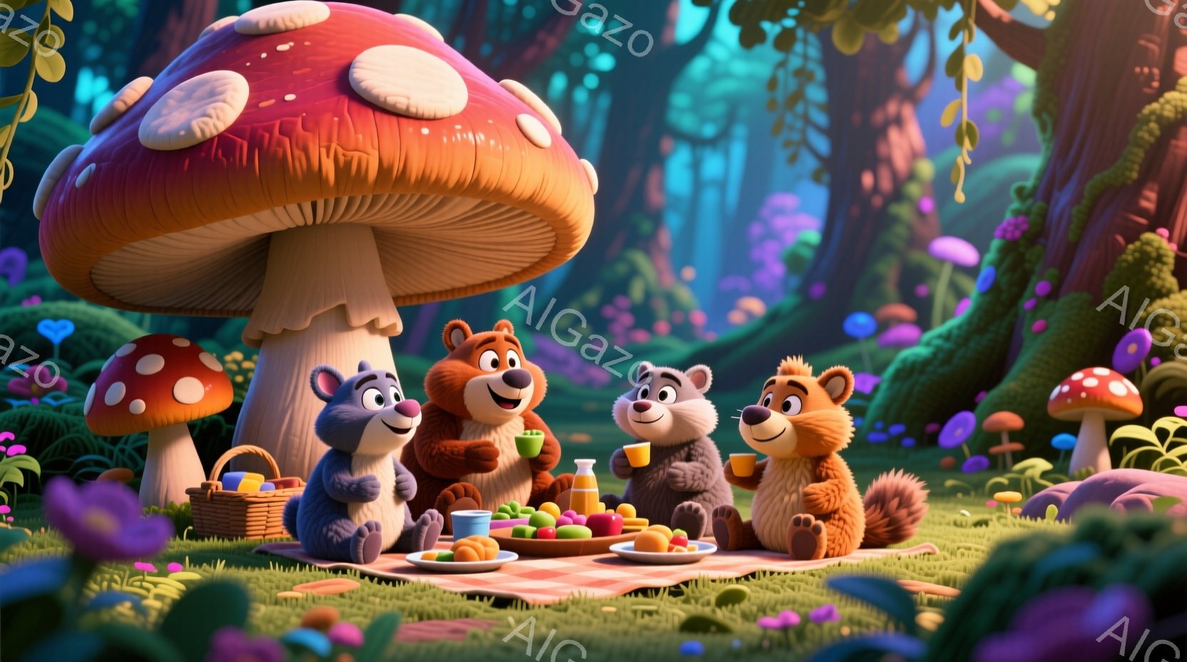 鮮やかなキノコの森の中で、四匹の可愛らしいクマたちがピクニックを楽しんでいます。それぞれ異なる毛色と表情を持ち、赤いチェックの布の上に置かれたお弁当や飲み物を囲んで座っています。背景には様々な種類のキ - AI生成フリー素材