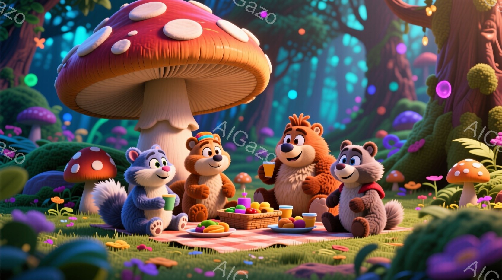 鮮やかな色彩の森の中で、クマとリスのキャラクターたちがピクニックを楽しんでいます。クマたちはそれぞれ帽子をかぶり、楽しげな表情で飲み物や軽食を味わっています。背景には、大きなキノコや色とりどりの花々が - AI生成フリー素材