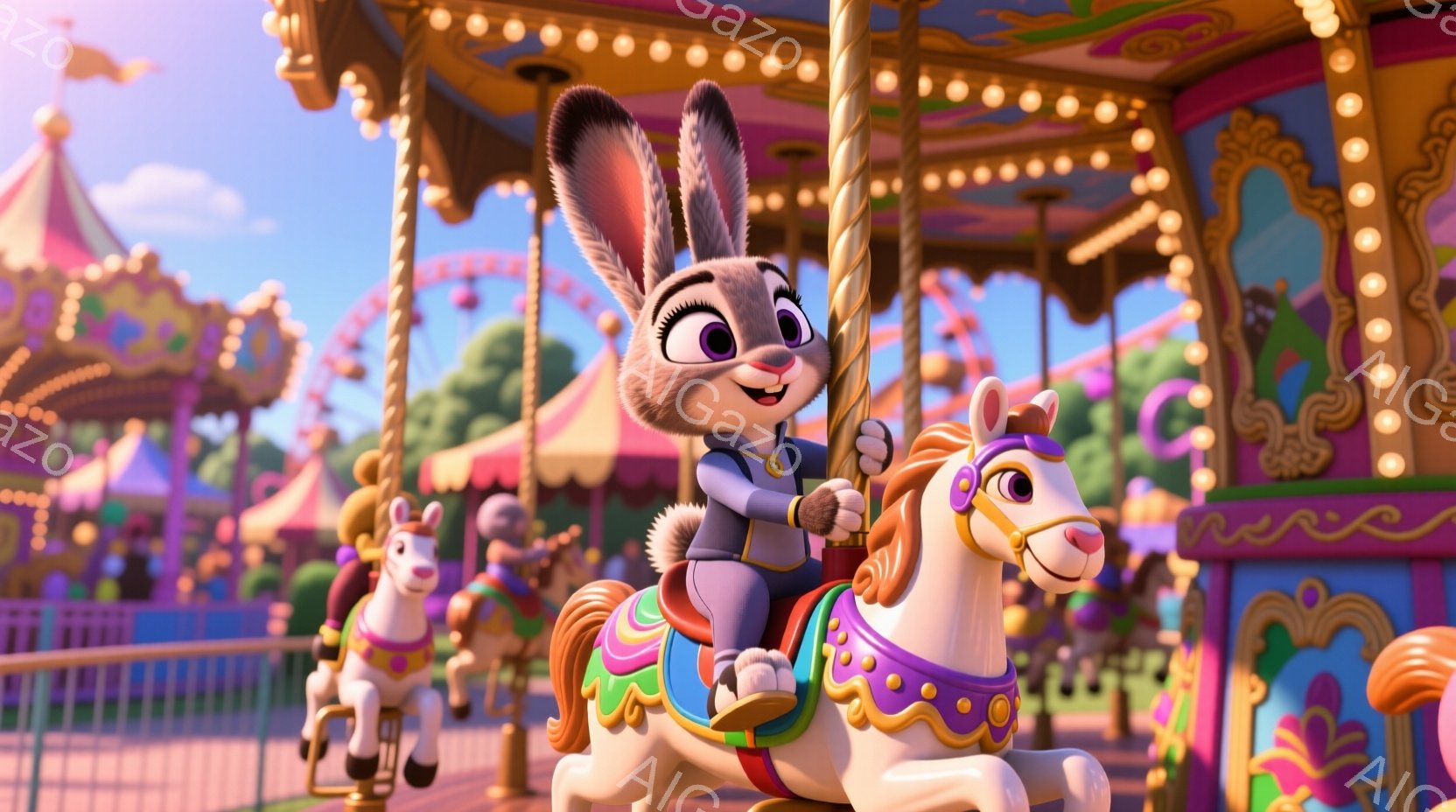 鮮やかな遊園地のカルーセルで、ウサギのキャラクターが白い木馬に乗っています。彼女は警察官のような制服を着ており、明るい表情で楽しんでいるようです。背景には他のカルーセル馬や、パステルカラーのテント、そして青空が広がっており、陽気で楽しい雰囲気が漂っています。