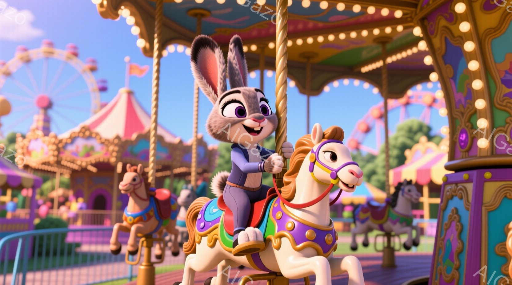 白いカルーセル馬に乗ったウサギの女性が描かれています。彼女は警察官の制服を着ており、顔は楽しそうで、口元は微笑んでいます。背景には、遊園地の乗り物、テント、観覧車が見え、明るくカラフルで活気のある雰囲気が漂っています。