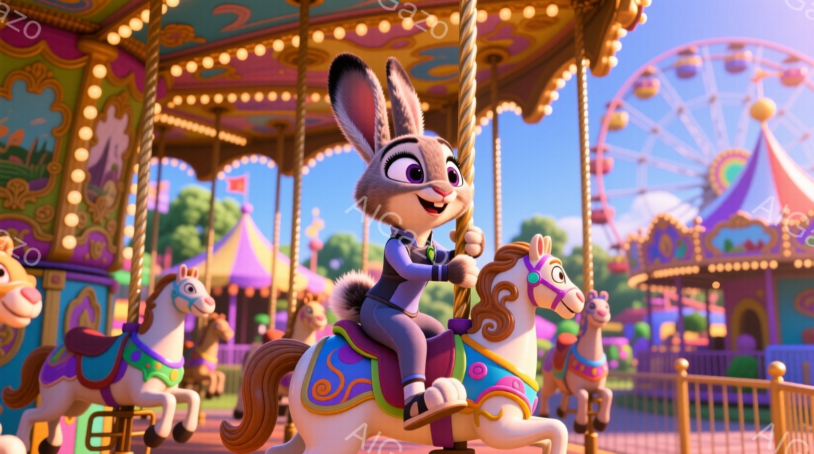 少女のようなウサギのキャラクターが、白馬のメリーゴーランドの乗り物に乗っています。彼女は警察官の制服を着ており、ピンク色の頬と明るい笑顔が印象的です。背景には、カラフルな遊園地の建物、観覧車、そして晴 - AI生成フリー素材