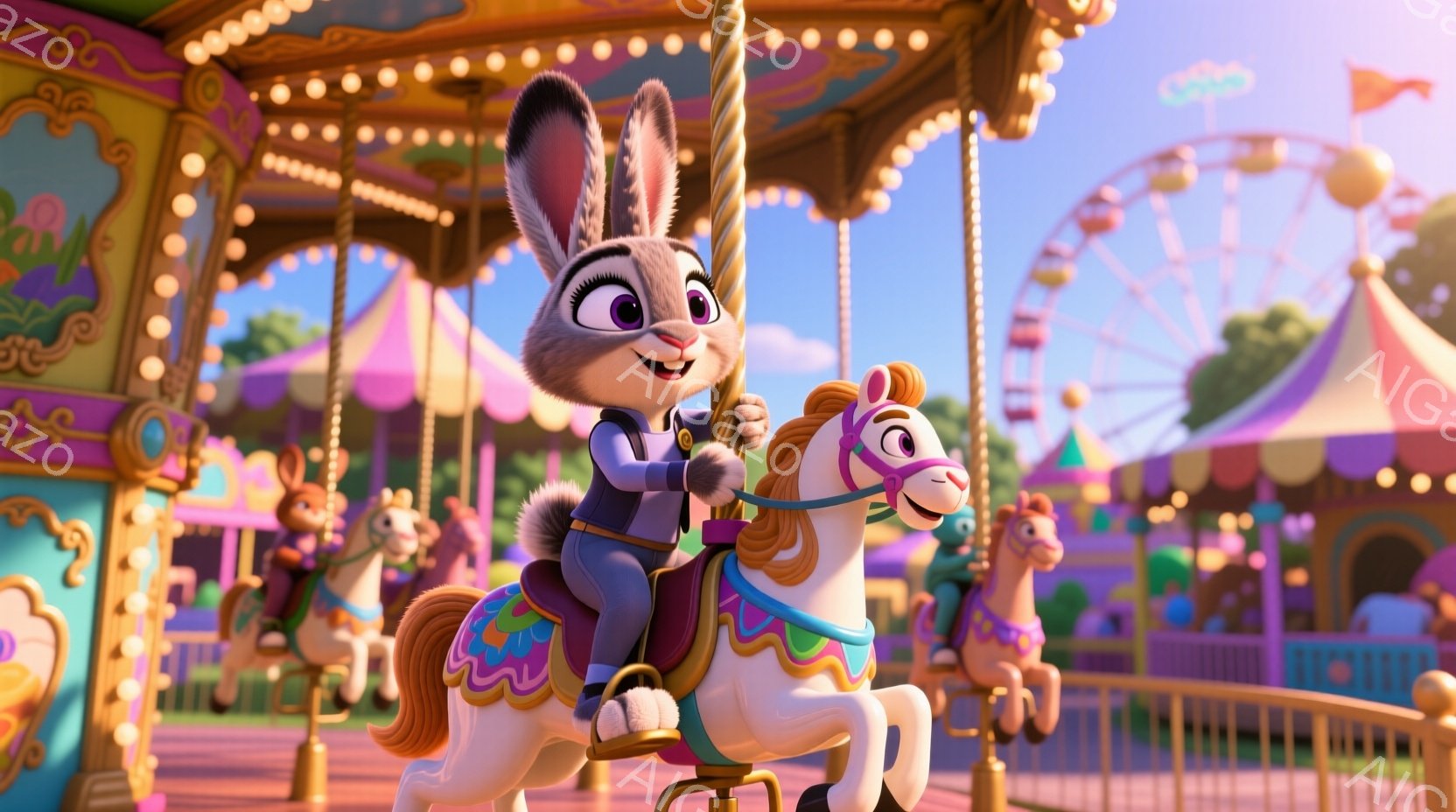 明るい遊園地のメリーゴーランドに乗るウサギの女性が描かれています。彼女は警察官の制服を着ており、青いジャケットと黒いズボンを着用しています。表情は喜びにあふれ、メリーゴーランドの白い馬にまたがり、遊園地の華やかな雰囲気に包まれています。