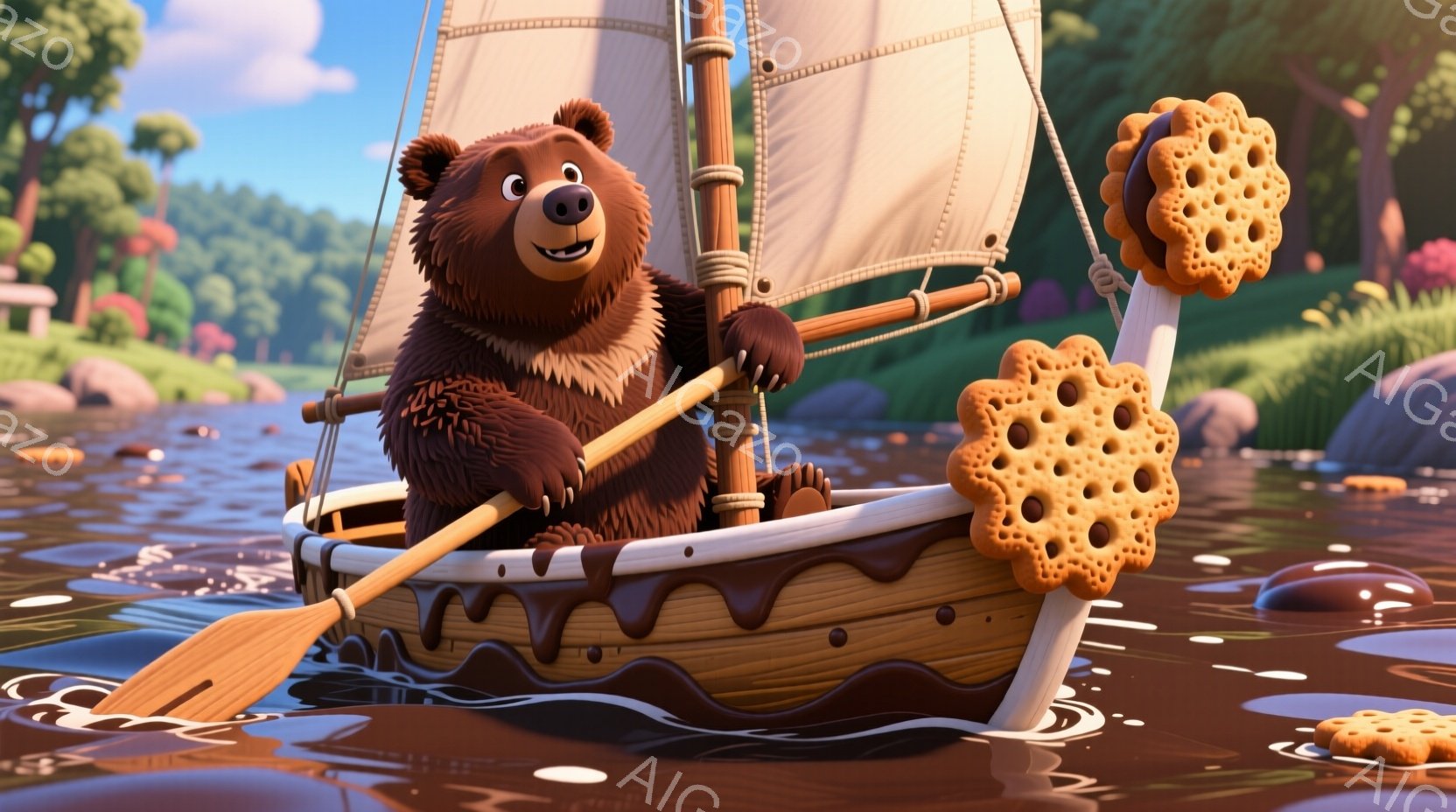 茶色のクマがチョコレートで覆われたボートを漕いでいます。ボートの帆は白く、側面には溶けたチョコレートが垂れ下がっています。背景には緑豊かな丘と、穏やかな水面が広がっており、全体的に暖かく、遊び心のある雰囲気が漂っています。