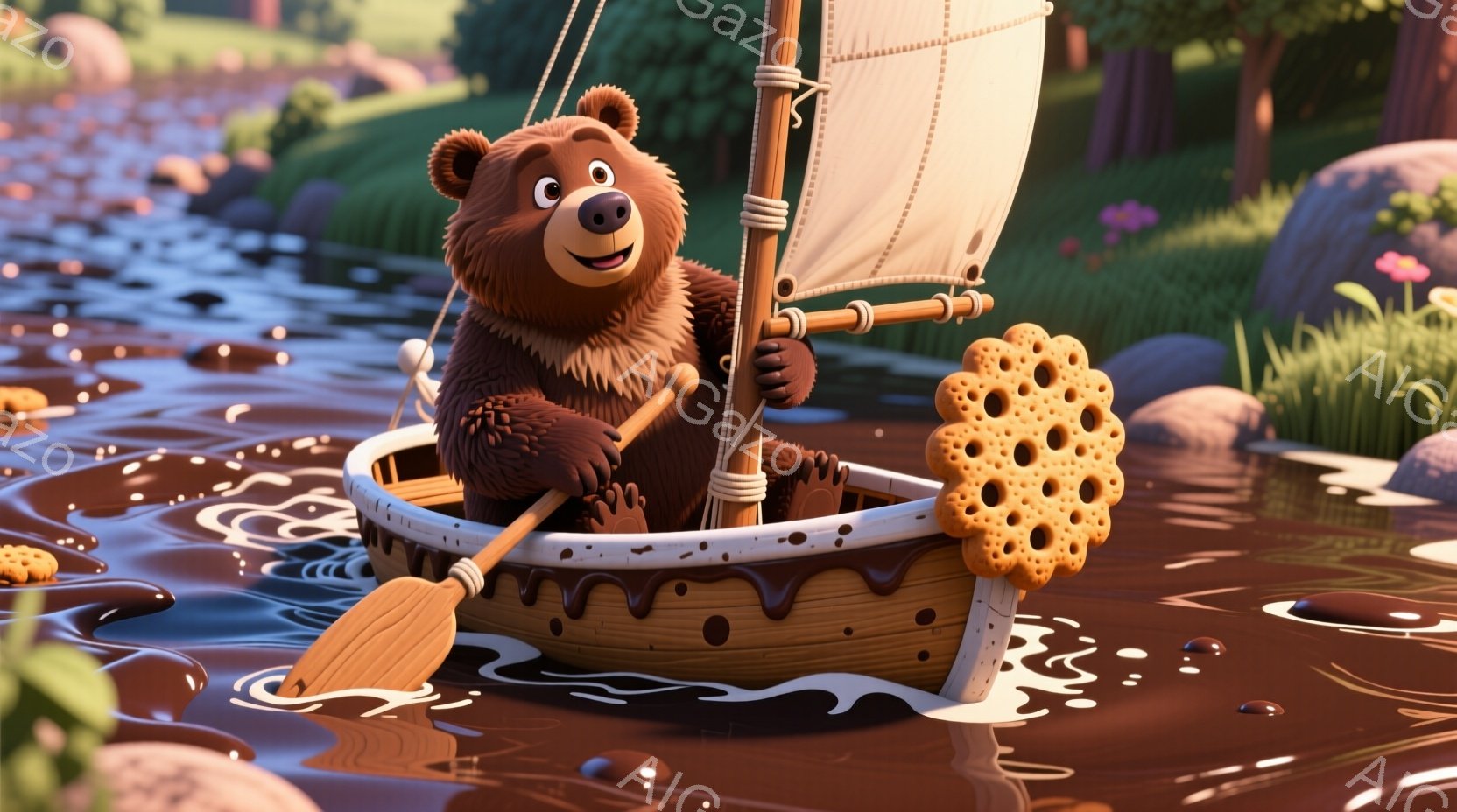 チョコレート色の液体で満たされた川を、クマがビスケットで作られたボートに乗って航行しています。クマは茶色の毛並みで、少し微笑んでおり、片手にオールを持ち、もう片手で帆を操っています。背景には緑の草むら - AI生成フリー素材