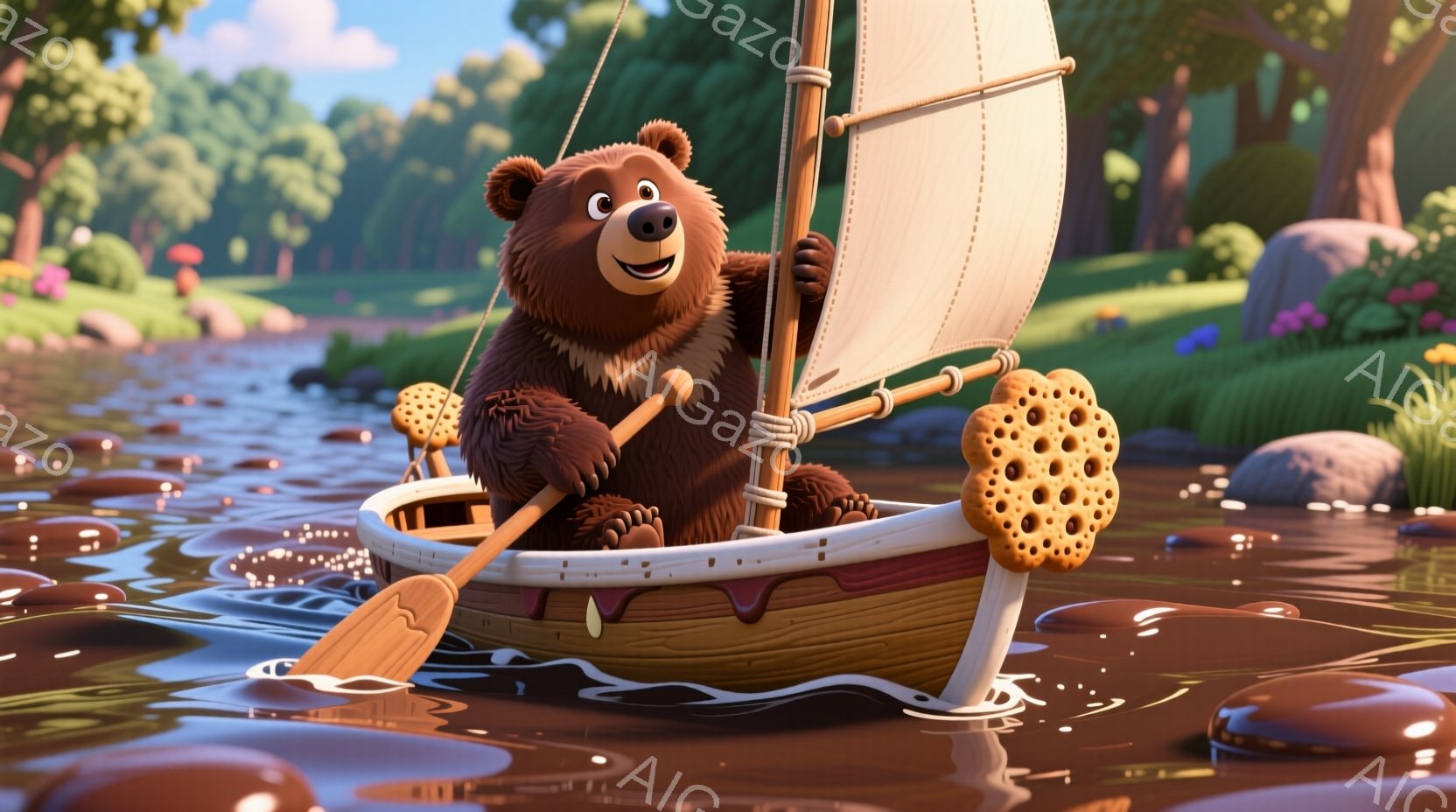 茶色のクマが、ビスケットで作られたボートに乗って川を航行しています。クマは片手にオールを持ち、楽しそうな表情を浮かべています。背景には緑豊かな森林と、花が咲き乱れる風景が広がり、穏やかで陽気な雰囲気を醸し出しています。