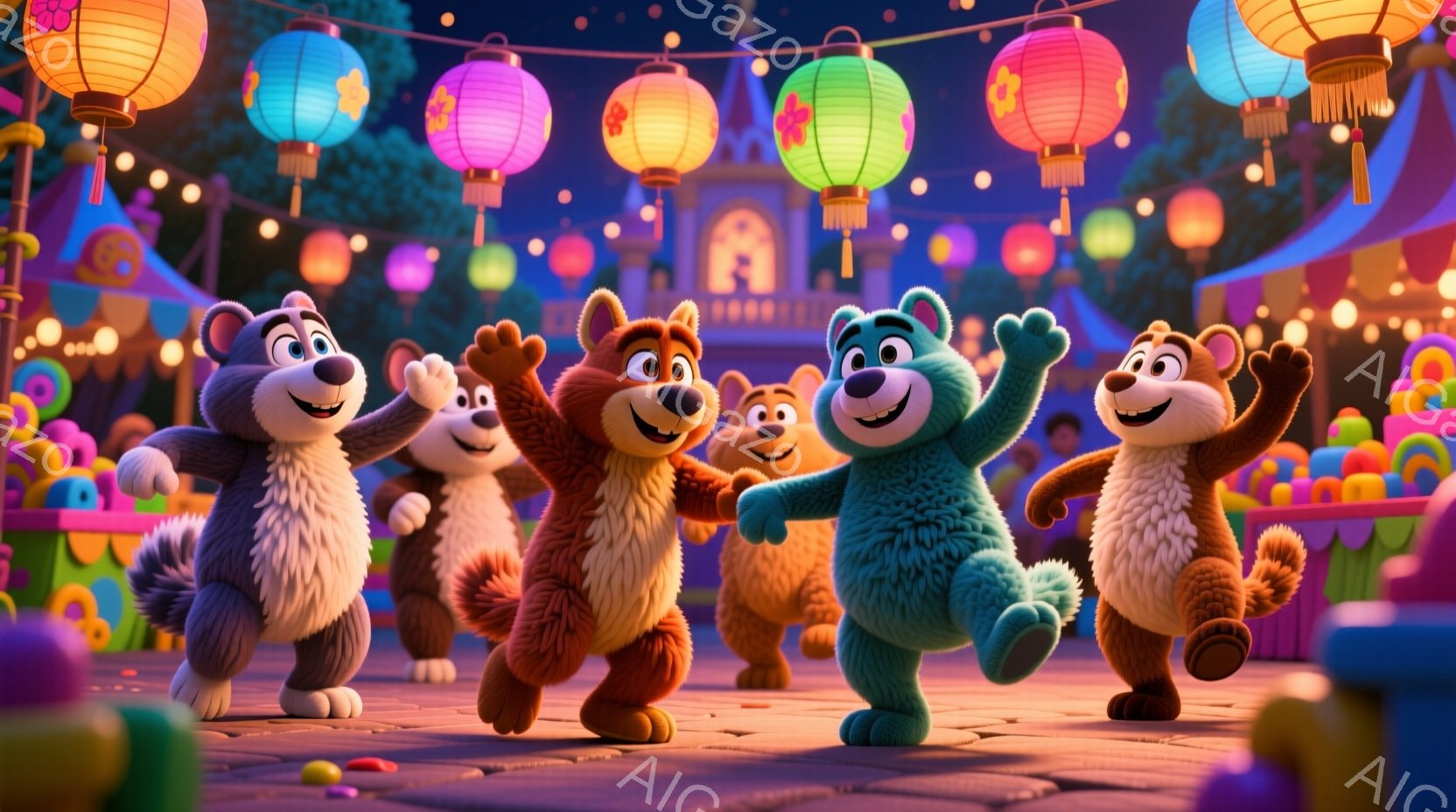 5匹の愛らしいクマのキャラクターが描かれており、それぞれ異なる毛色をしています。彼らは皆、陽気な表情で腕を広げたり、踊ったり、楽しそうにしています。背景には、色鮮やかな提灯や、アジア風の建築物が見え、お祭りやイベントが行われているような、活気と喜びにあふれた雰囲気が漂っています。