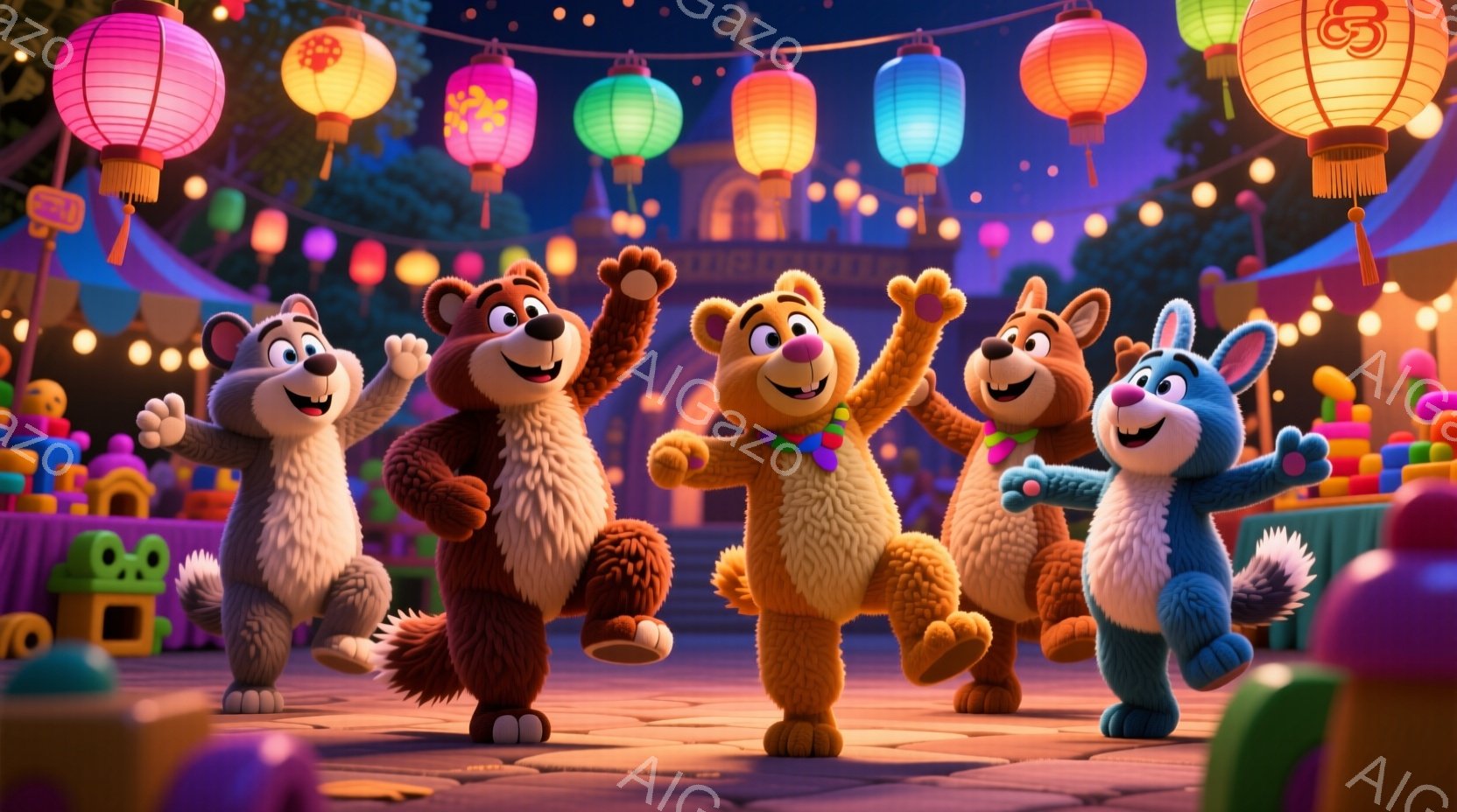明るい夜の街並みを背景に、人型の動物たちが楽しそうに踊っています。茶色、オレンジ、白、青の毛並みのキャラクターたちは、それぞれ異なる色のリボンやアクセサリーを身につけ、満面の笑みを浮かべて腕を上げたり、足を高く上げたりしています。背景には、提灯が飾られた建物や賑やかな市場が見え、全体的に陽気で活気のある雰囲気が漂っています。