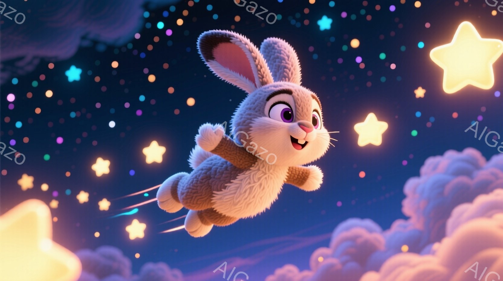 ふわふわの茶色のウサギが星空を飛んでいる様子が描かれています。ウサギは満面の笑みを浮かべ、両手を広げて楽しそうに空を舞っています。背景には雲と様々な色合いの星が散りばめられており、夢のような幻想的な雰 - AI生成フリー素材