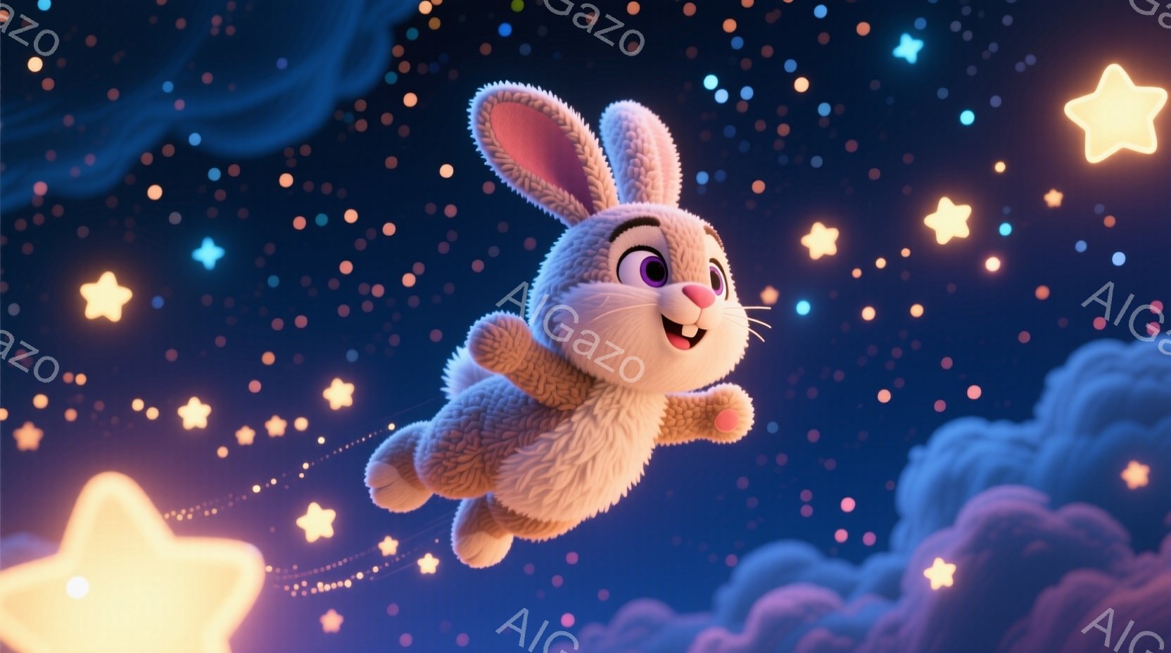 白くてふわふわのウサギが、星空と雲の間を飛んでいる様子が描かれています。ウサギは明るい笑顔で、両腕を広げて楽しそうに飛び、その周りにはキラキラと輝く星が散りばめられています。全体的に夢見がちな、幻想的 - AI生成フリー素材