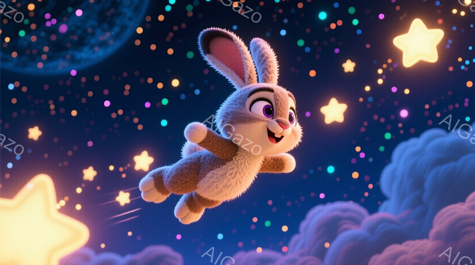 ふわふわの茶色のウサギが、星が輝く夜空を飛び跳ねています。ウサギは喜んでいるようで、大きな笑顔を見せ、耳をピンと立てています。背景には、パステルカラーの雲と様々な大きさの星が散りばめられており、夢のような、遊び心のある雰囲気を醸し出しています。