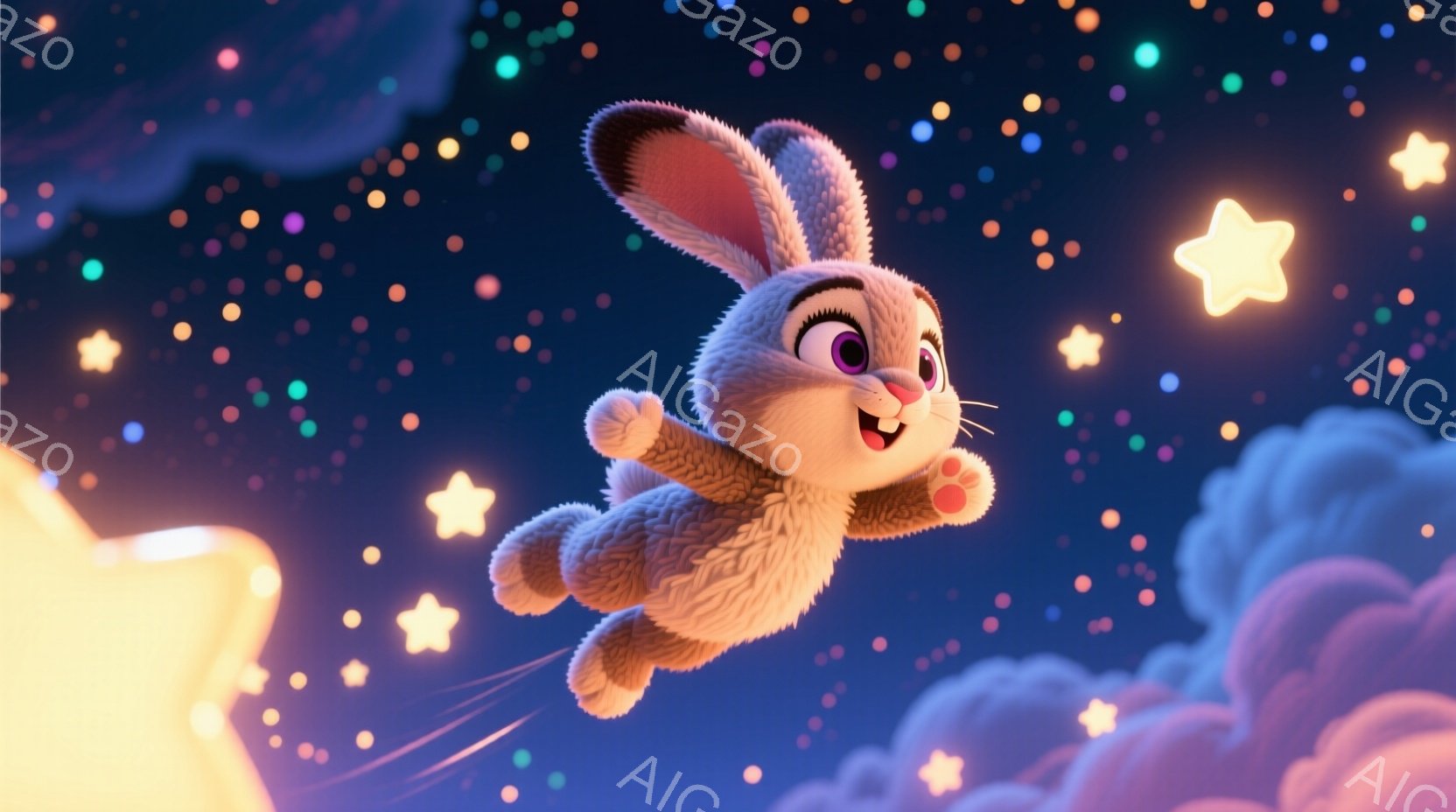 ふわふわのクリーム色のウサギが、星が輝く夜空を飛んでいます。ウサギは明るい笑顔で、大きな耳を立て、前足を伸ばして楽しそうに飛び回っています。背景には紫と青の雲と、様々な大きさの星が散りばめられており、 - AI生成フリー素材