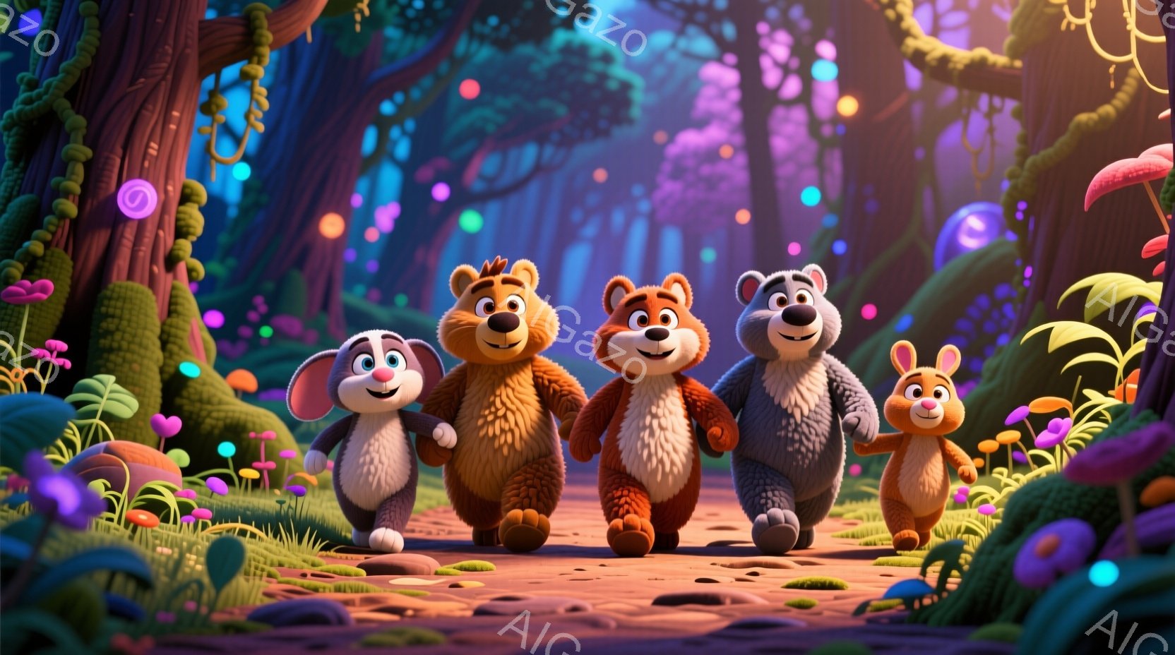 賑やかな森の中を、クマと犬とウサギの家族が歩いている。それぞれのキャラクターは明るい表情で、楽しそうな雰囲気を醸し出している。背景にはカラフルなキノコや植物が生い茂り、幻想的な森の風景が広がっている。 - AI生成フリー素材