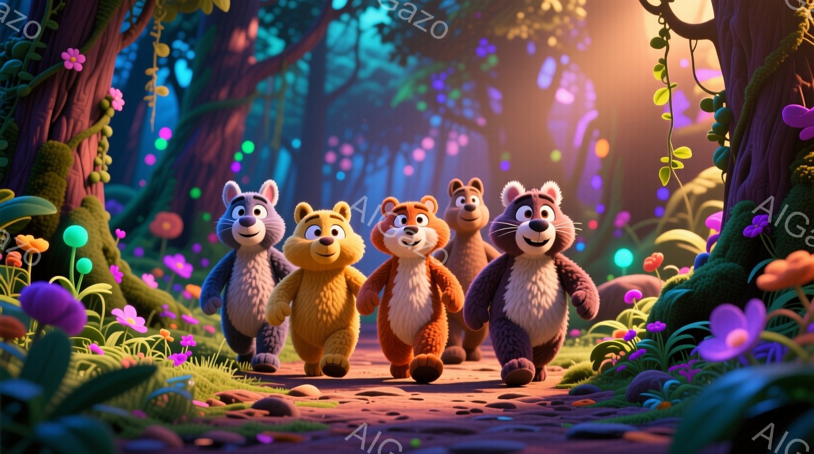 鮮やかな色彩の森の中を、四匹の愛らしいクマたちが歩いている様子が描かれています。各クマはそれぞれ異なる毛色を持ち、楽しそうな表情で、前方を向いて整列して歩いています。背景には、紫、ピンク、青などのカラ - AI生成フリー素材