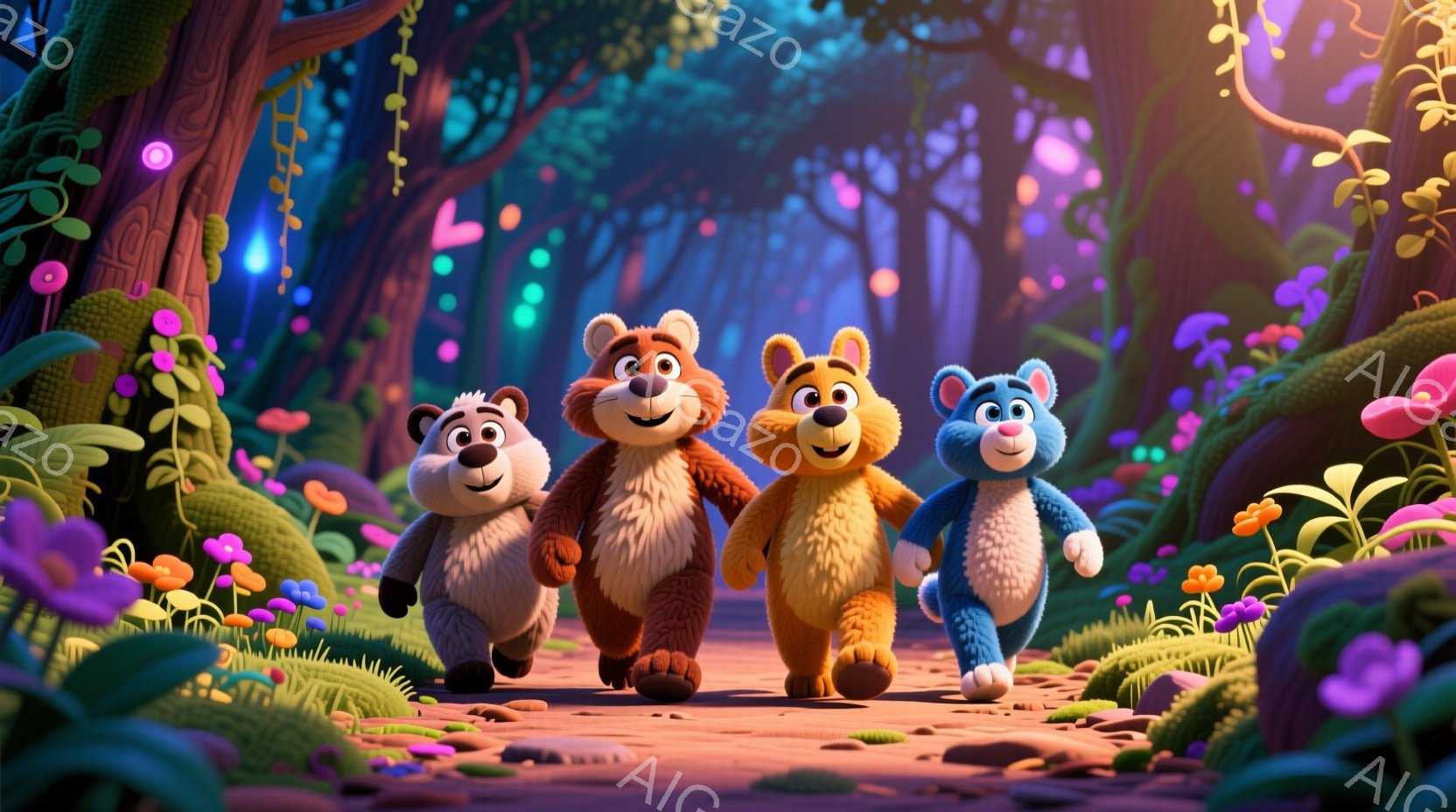 森の中を歩いている四匹の可愛らしいクマが描かれています。クマたちはそれぞれ茶色、オレンジ、青、白黒の毛並みで、楽しそうな表情をしています。背景は鮮やかな花やキノコが生い茂る緑豊かな森で、暖かく幻想的な - AI生成フリー素材