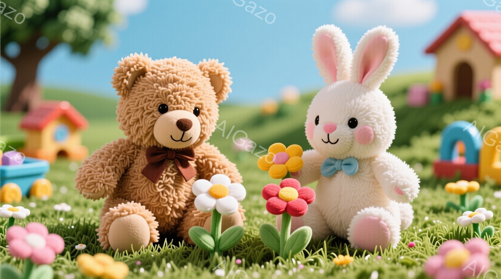 ふわふわの茶色のテディベアと白いウサギが、緑豊かな草の上に座っています。テディベアは茶色のリボンを結び、ウサギは水色のリボンをつけています。背景には、カラフルな家や花が咲き乱れ、晴れた日の穏やかな雰囲 - AI生成フリー素材