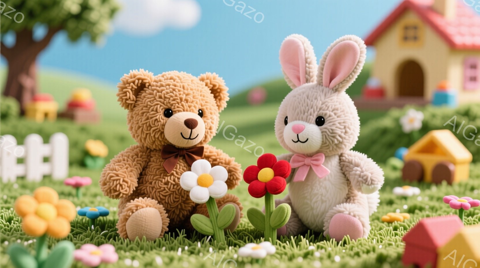 ふわふわのテディベアとウサギのぬいぐるみが、緑の草の上に座って花を持っています。テディベアは茶色のリボンで、ウサギはピンクのリボンで装飾されています。背景には、カラフルな家々や緑の丘、青い空が見え、暖 - AI生成フリー素材