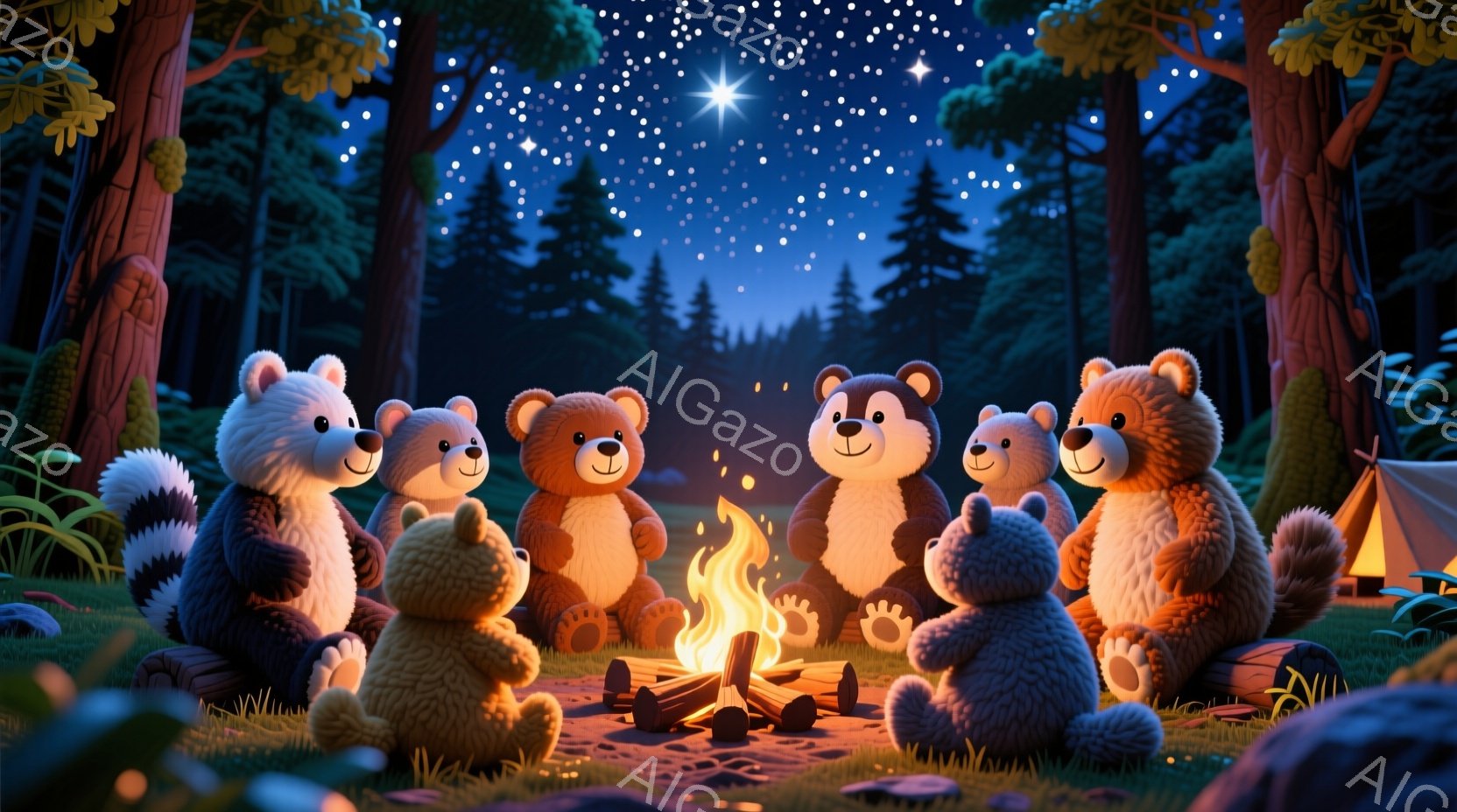 温かい焚き火を囲んで、クマの家族が座っています。彼らは皆、幸せそうな表情で、リラックスした姿勢で火を眺めており、その周りには木の根や枯れ葉が散らばっています。背景には暗い森が広がり、空には星が輝き、テントがわずかに見え、夜の静けさと家族の温かさを感じさせる雰囲気です。