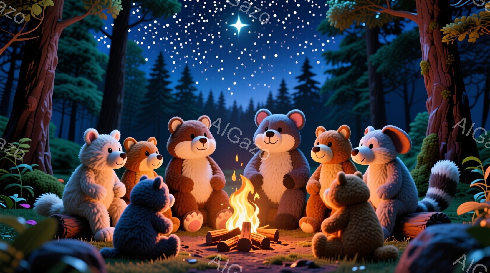 暖炉の周りに座っているクマたちのグループが描かれています。彼らはそれぞれ異なる毛並みと体格を持ち、リラックスした表情で火を見つめています。背景には暗い森が広がり、星空が輝き、静かで平和な雰囲気を醸し出しています。