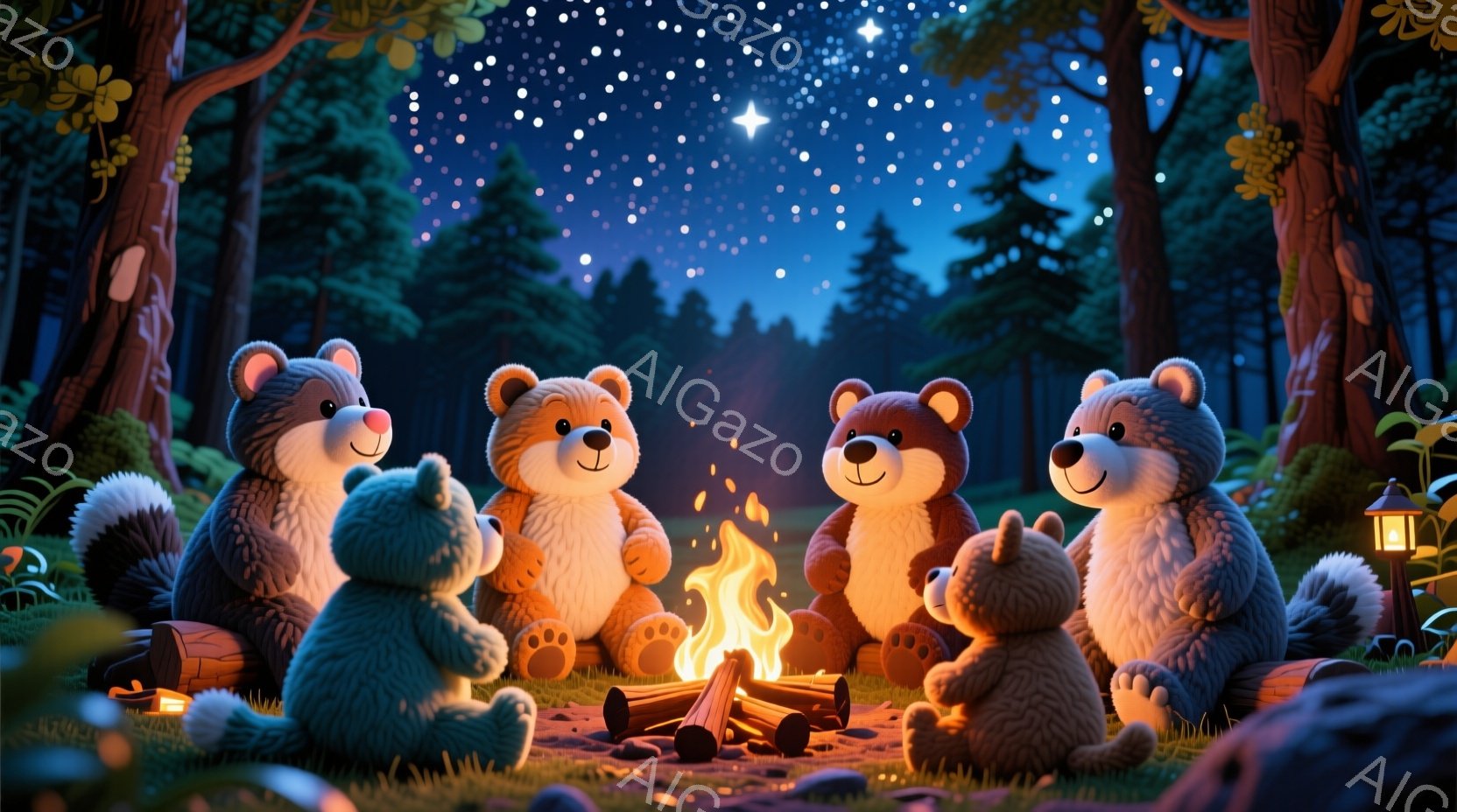 暖炉を囲んで座る、ふわふわのクマたちのグループが描かれています。彼らは皆、同じような茶色の毛並みと愛らしい表情をしています。背景は暗い森で、星空が広がり、小さなランタンが灯されています。