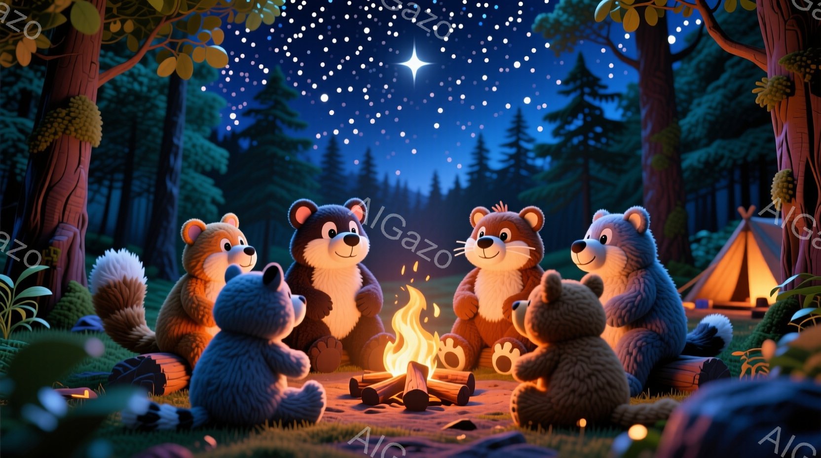 可愛らしいクマの家族が、キャンプファイヤーを囲んで座っています。彼らは皆、暖かい表情で、リラックスした姿勢で丸太に座り、火の光に照らされています。背景には暗い森が広がり、テントが設置され、満天の星空が - AI生成フリー素材