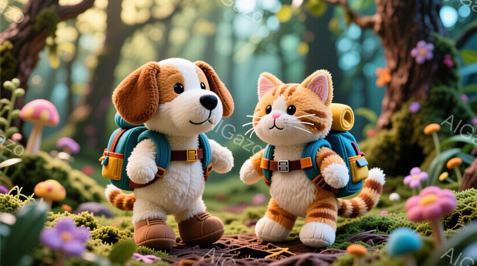 明るい森の中で、バックパックを背負った犬と猫が歩いている。犬は茶色と白の毛並みで、猫はオレンジ色の縞模様で、どちらも楽しそうな表情をしている。背景には、カラフルなキノコや緑豊かな草が生い茂り、まるで童 - AI生成フリー素材