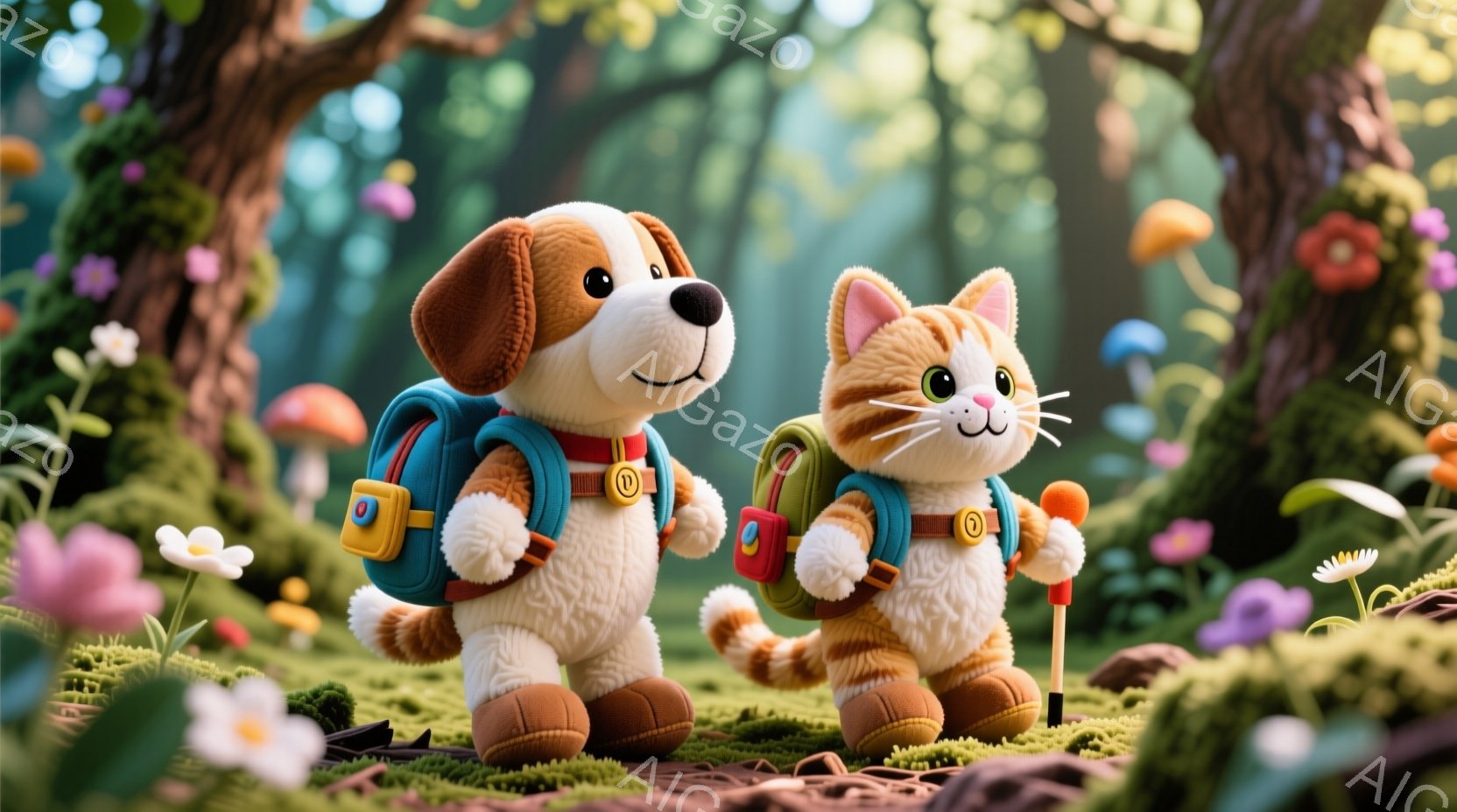 明るい森の中を、リュックを背負った犬と猫が並んで歩いている。犬は茶色と白の毛並みで、猫はオレンジ色のしま模様で、どちらも丸い目で可愛らしい表情をしている。背景には色とりどりの花やキノコが生い茂り、柔らかい光が差し込み、温かく幻想的な雰囲気を醸し出している。