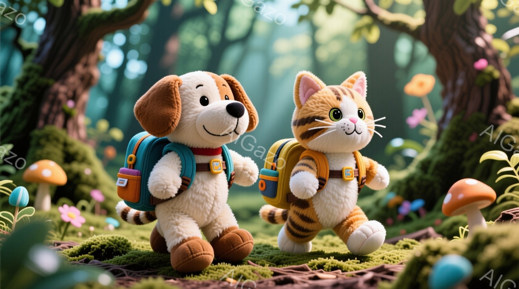 ふわふわの茶色い犬と縞模様の猫が、緑豊かな森の中を並んで歩いています。二匹とも小さな青いバックパックを背負っており、楽しそうな表情をしています。背景にはカラフルなキノコや花が咲き乱れ、まるで絵本のよう - AI生成フリー素材
