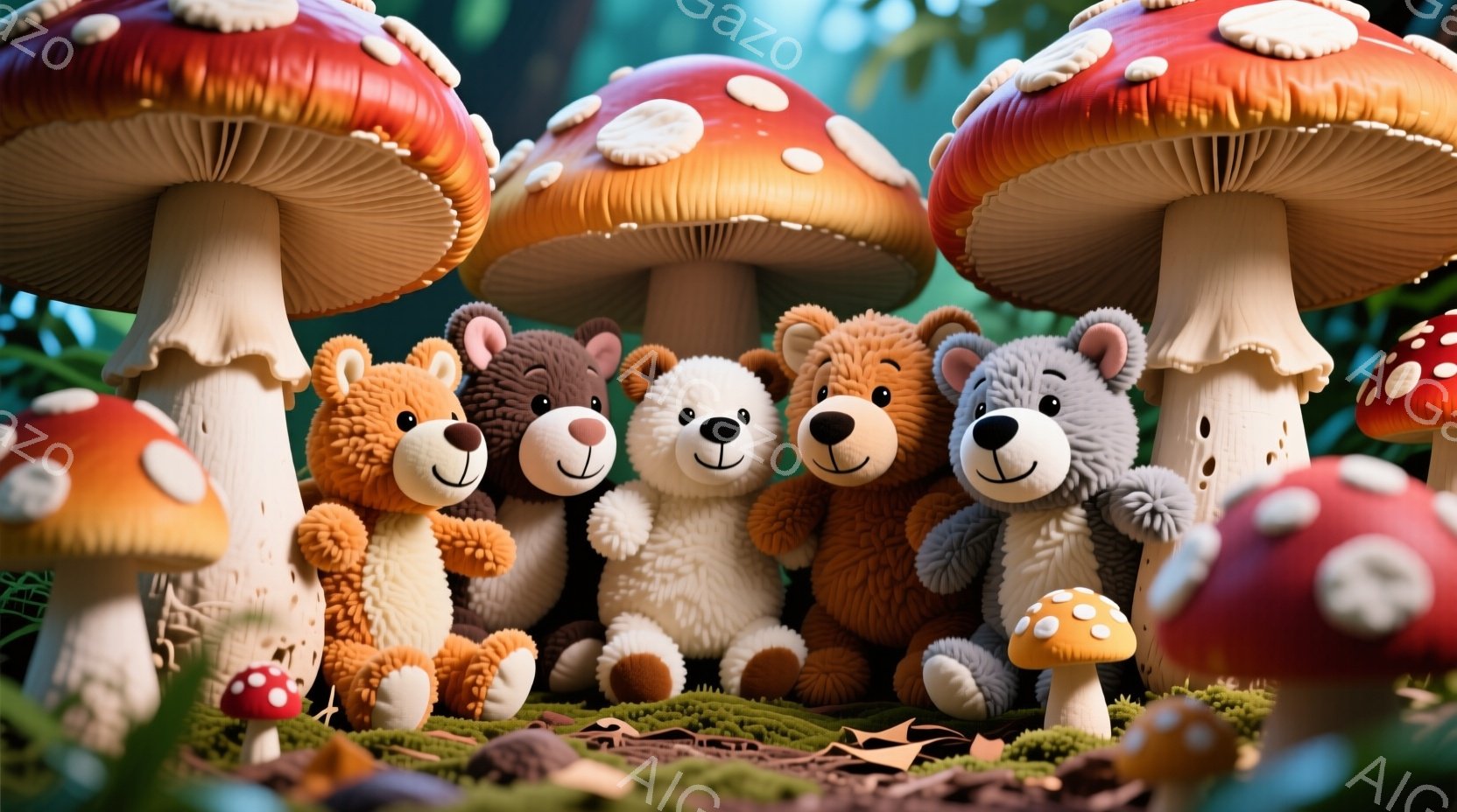 鮮やかな赤いキノコに囲まれた、様々な色のふわふわしたテディベアたちが寄り添って座っています。彼らは皆、愛らしい笑顔を浮かべ、緑の苔の上に並んでいます。背景には、さらにキノコや自然豊かな森が広がり、暖か - AI生成フリー素材
