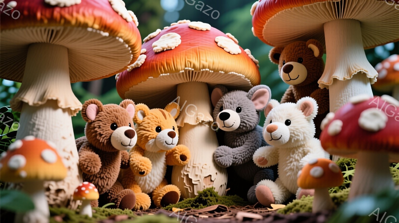 複数のテディベアが、大きな赤いキノコの周りとキノコの幹に寄り添って座っています。背景には、より小さなキノコや緑の苔、落ち葉などが散らばり、おとぎ話のような雰囲気です。ベアたちはそれぞれ異なる毛色で、穏 - AI生成フリー素材