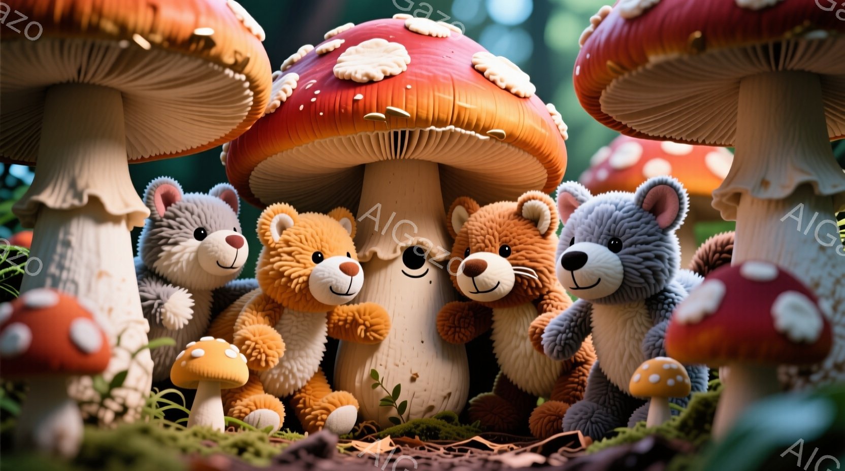 赤い傘を持つ大きなキノコに囲まれた、ふわふわのテディベアたちが写っています。テディベアたちはそれぞれ異なる色合いで、楽しそうな表情で寄り添い合っています。背景には緑豊かな草地と他のキノコが点在し、ファ - AI生成フリー素材
