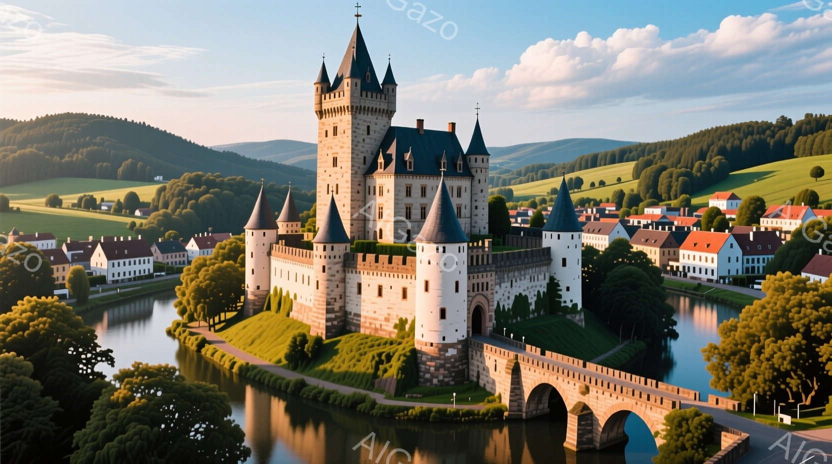 白亜の城が、緑豊かな丘の上にそびえ立ち、周囲を水路が囲んでいます。城は複数の塔を持ち、美しい曲線を描く橋で本土と繋がっており、背景には穏やかな丘陵地帯と可愛らしい家々が広がっています。全体的に晴天で、平和で牧歌的な雰囲気を醸し出しています。