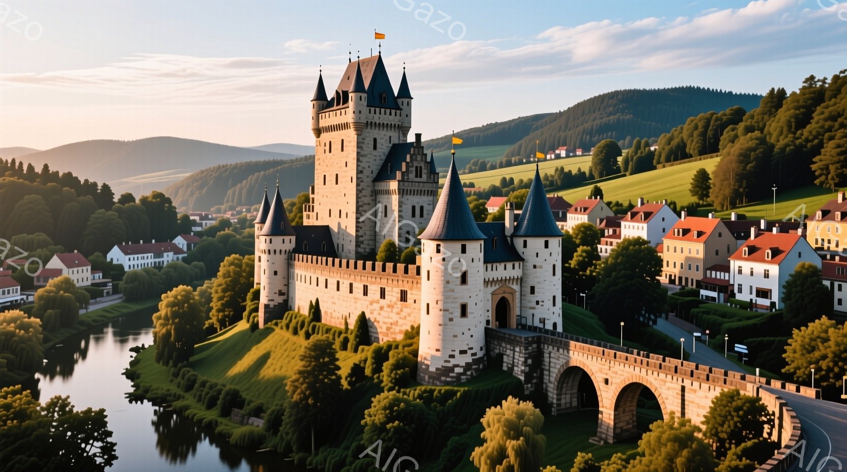 中世の城塞が小川沿いの丘の上にそびえ立ち、クリーム色と茶色の石造りで構成されています。周囲にはかわいらしい屋根の家々が密集し、緑豊かな森林に囲まれており、穏やかで平和な雰囲気です。夕暮れ時の柔らかい光 - AI生成フリー素材