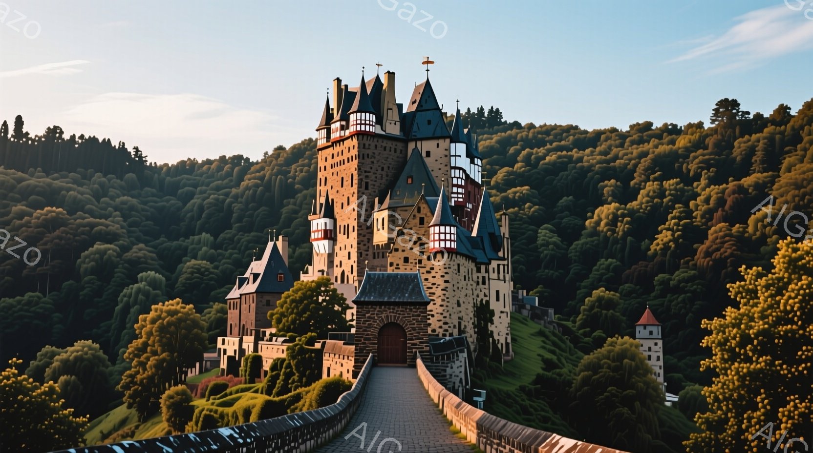 鬱蒼とした緑の森に囲まれた、中世様式の壮大な城がそびえ立っている。石造りの壁は様々な色合いで彩られ、尖塔が空に向かって伸びている。石畳の道が城へと続き、遠くには他の塔が見え、まるで絵画のような幻想的な - AI生成フリー素材