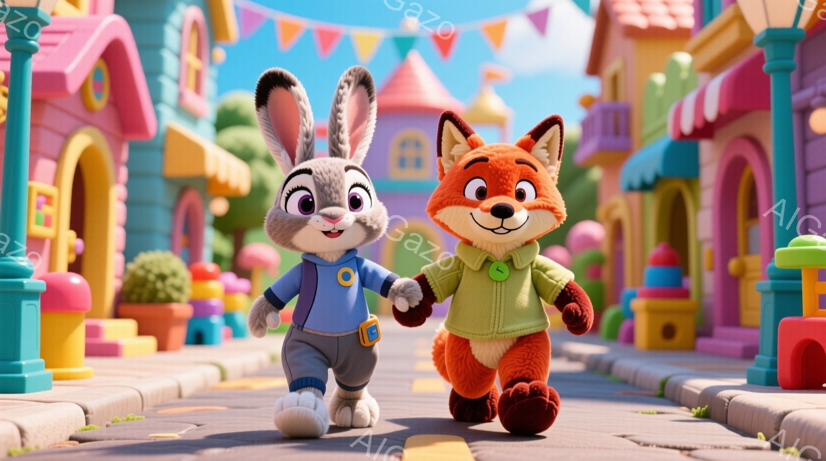 明るい色彩の街並みを、ウサギとキツネが手をつないで歩いている。ウサギは青いオーバーオールと白いシャツを着ており、キツネは緑色のジャケットと茶色のズボンを着用している。背景には、カラフルな家々や植物があ - AI生成フリー素材