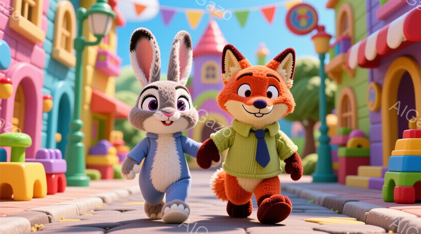 明るいピンク色の建物が立ち並ぶ、おもちゃのような街並みを、ウサギとキツネが手をつないで歩いています。ウサギは水色のジャンプスーツを着て、キツネは黄緑色のセーターとネクタイで、二人とも満面の笑みを浮かべ - AI生成フリー素材