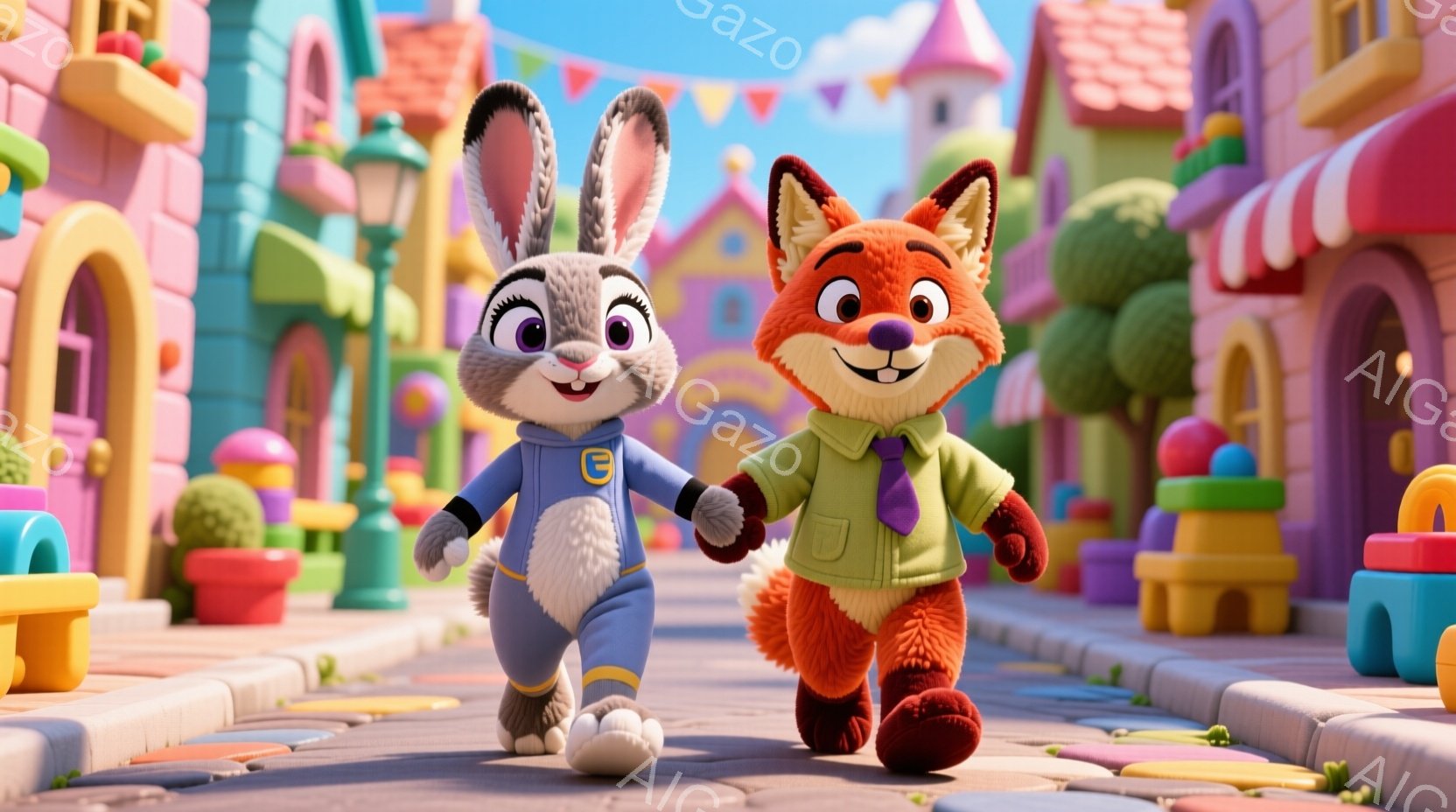 明るい街並みを背景に、ウサギとキツネが手をつないで歩いている。ウサギは青い制服を着ており、キツネは緑色のセーターと紫色のネクタイを着用し、それぞれ笑顔を見せている。背景には、カラフルな建物、丸い木々、 - AI生成フリー素材